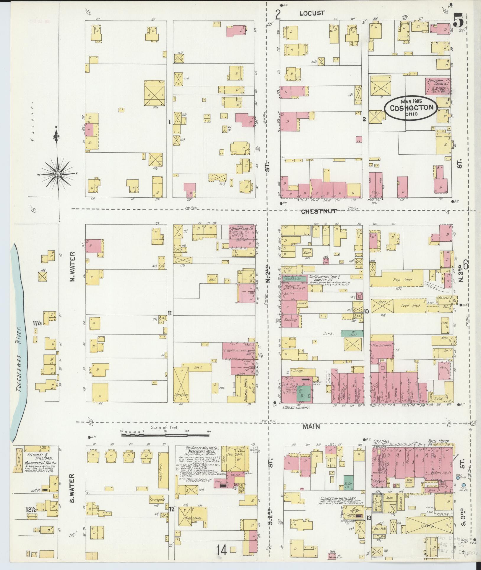 Sanborn Fire Insurance Map from Coshocton, Coshocton County, Ohio (1905), Sheet #0005 - Historic Sanborn Fire Insurance Map Print, vintage old map wall art, antique decor, genealogy gift, Ohio Ohio map