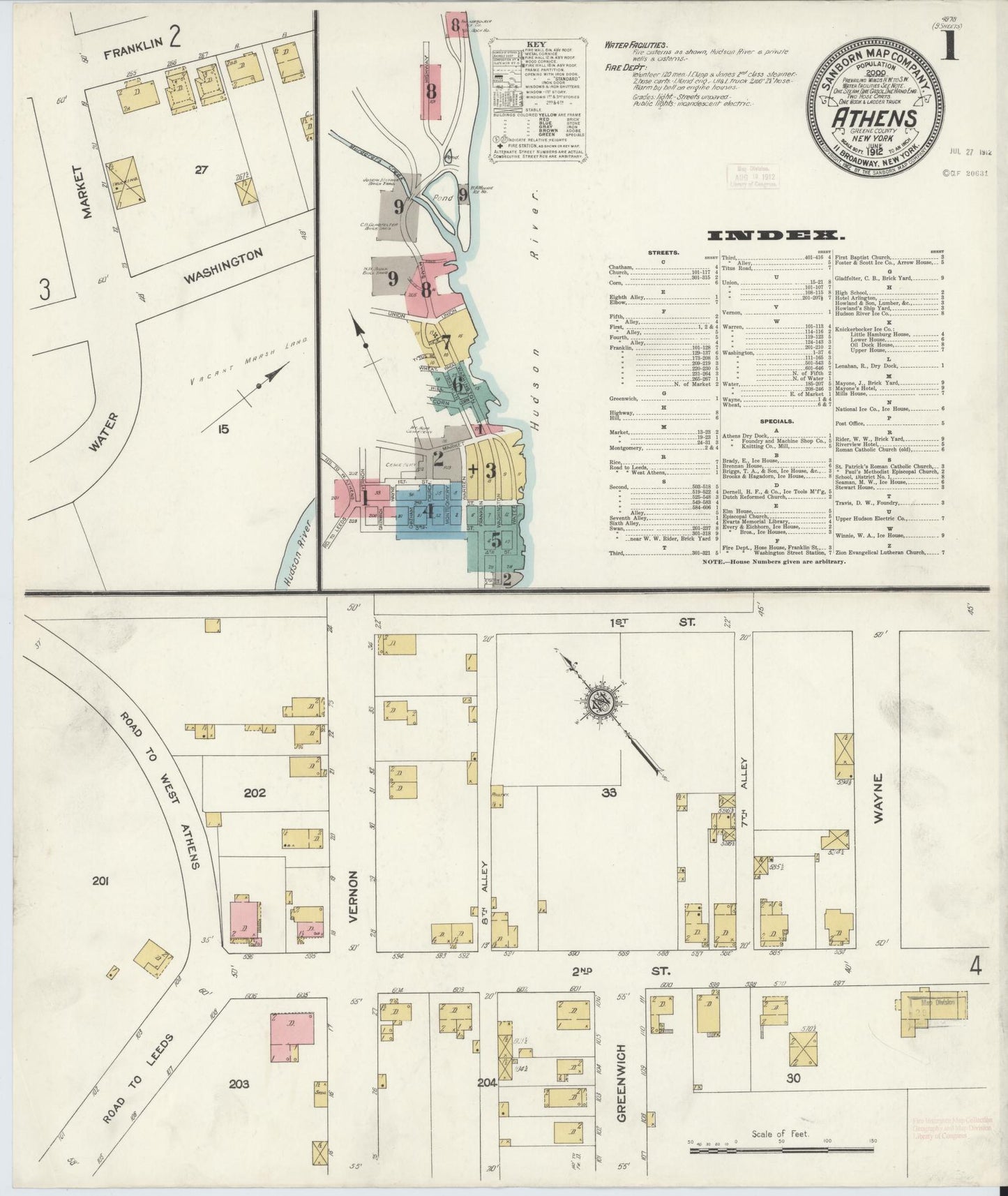 Sanborn Fire Insurance Map from Athens, Greene County, New York (1912), Sheet #0001 - Historic Sanborn Fire Insurance Map Print, vintage old map wall art, antique decor, genealogy gift, New York New York map