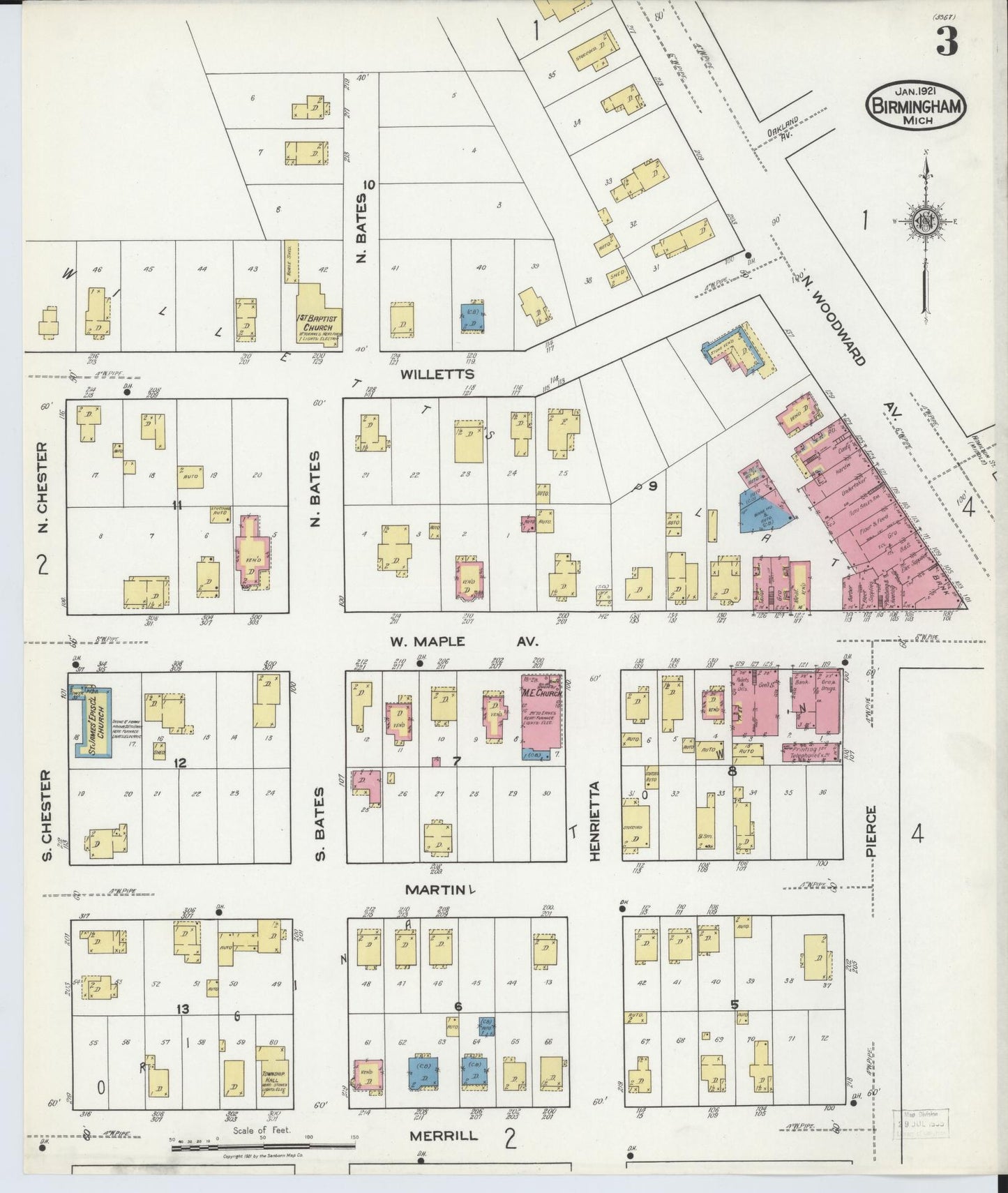 Sanborn Fire Insurance Map from Birmingham, Oakland County, Michigan (1921), Sheet #0003 - Complete Map Set gallery image, historic Sanborn map, vintage wall art, Michigan Michigan