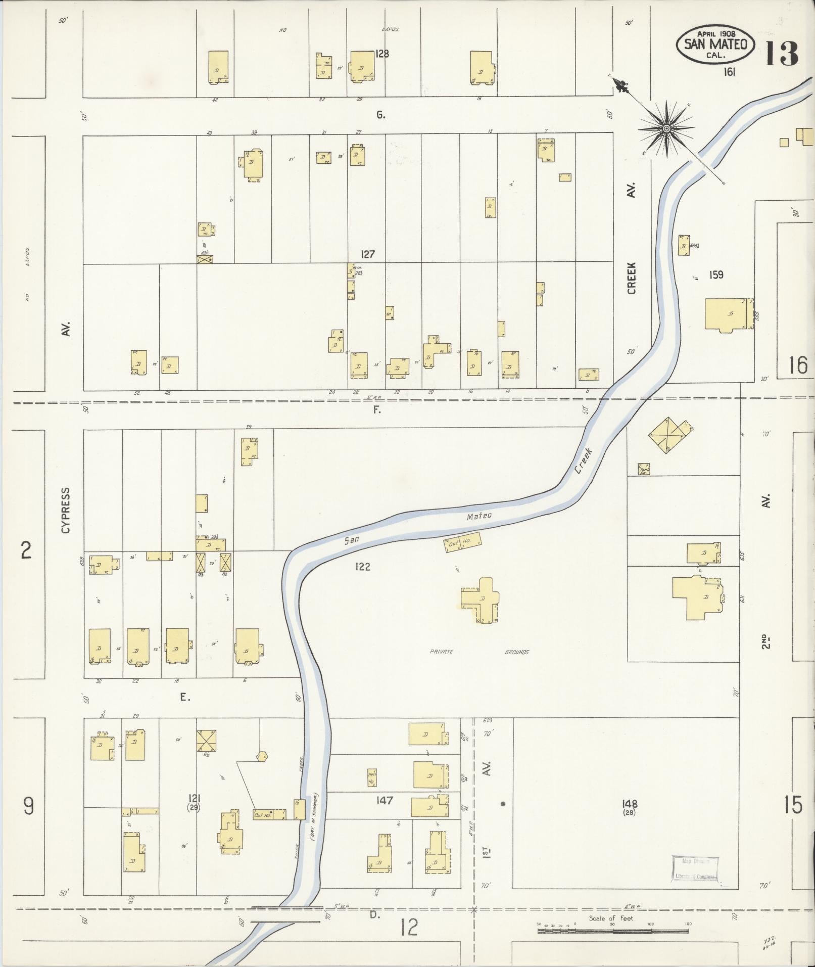 Sanborn Fire Insurance Map from San Mateo, San Mateo County, California (1908), Sheet #0013 - Complete Map Set gallery image, historic Sanborn map, vintage wall art, California California