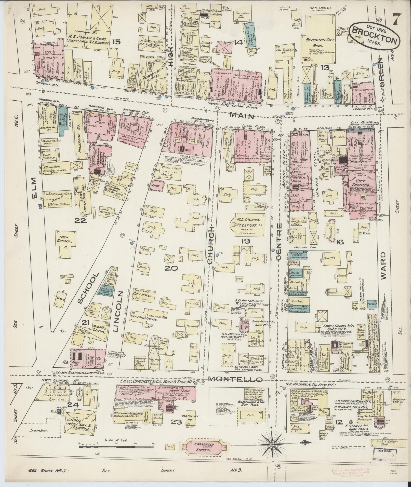 Sanborn Fire Insurance Map from Brockton, Plymouth County, Massachusetts (1885), Sheet #0007 - Complete Map Set gallery image, historic Sanborn map, vintage wall art, Massachusetts Massachusetts