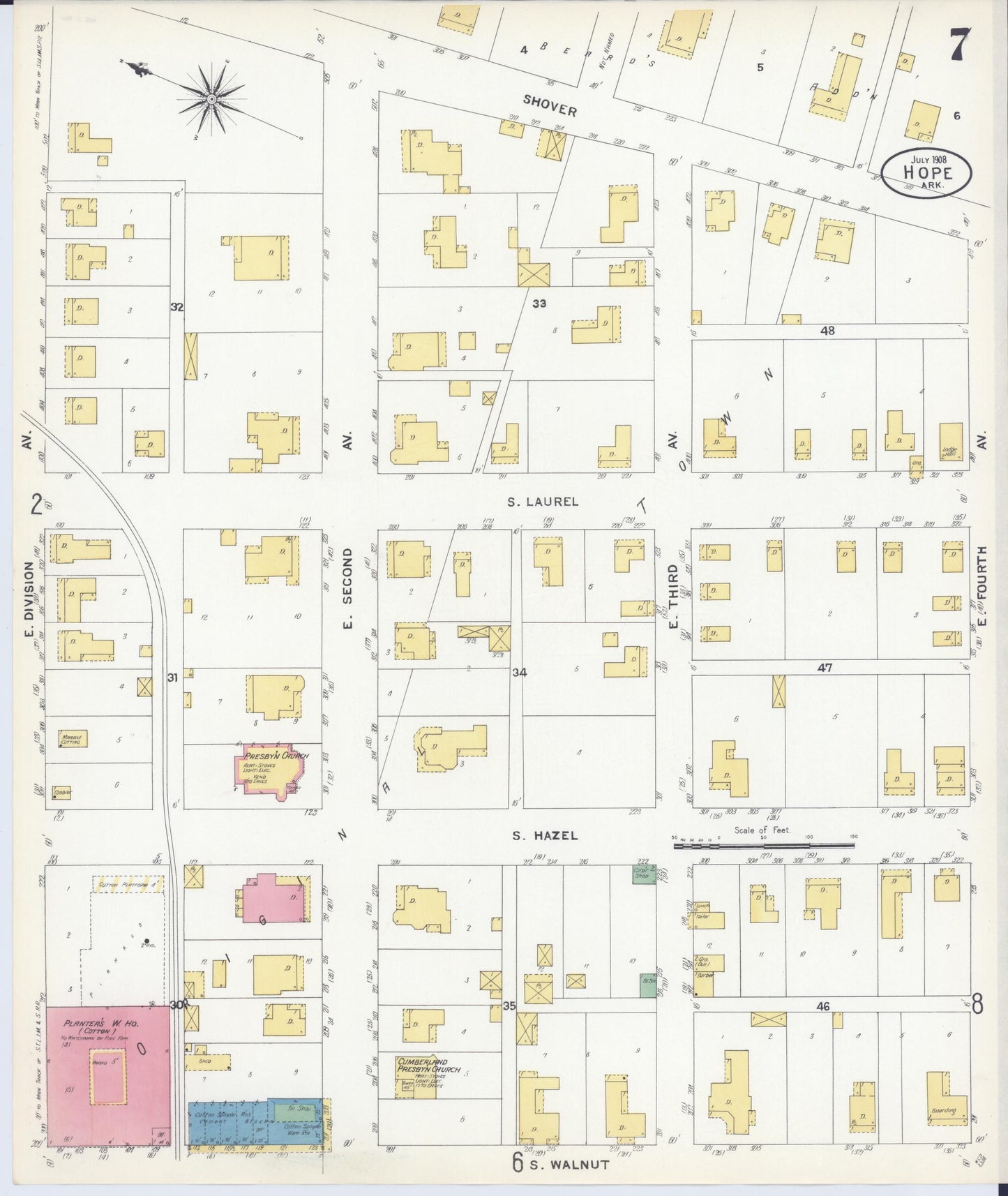 Sanborn Fire Insurance Map from Hope, Hempstead County, Arkansas (1908), Sheet #0007 - Complete Map Set gallery image, historic Sanborn map, vintage wall art, Arkansas Arkansas