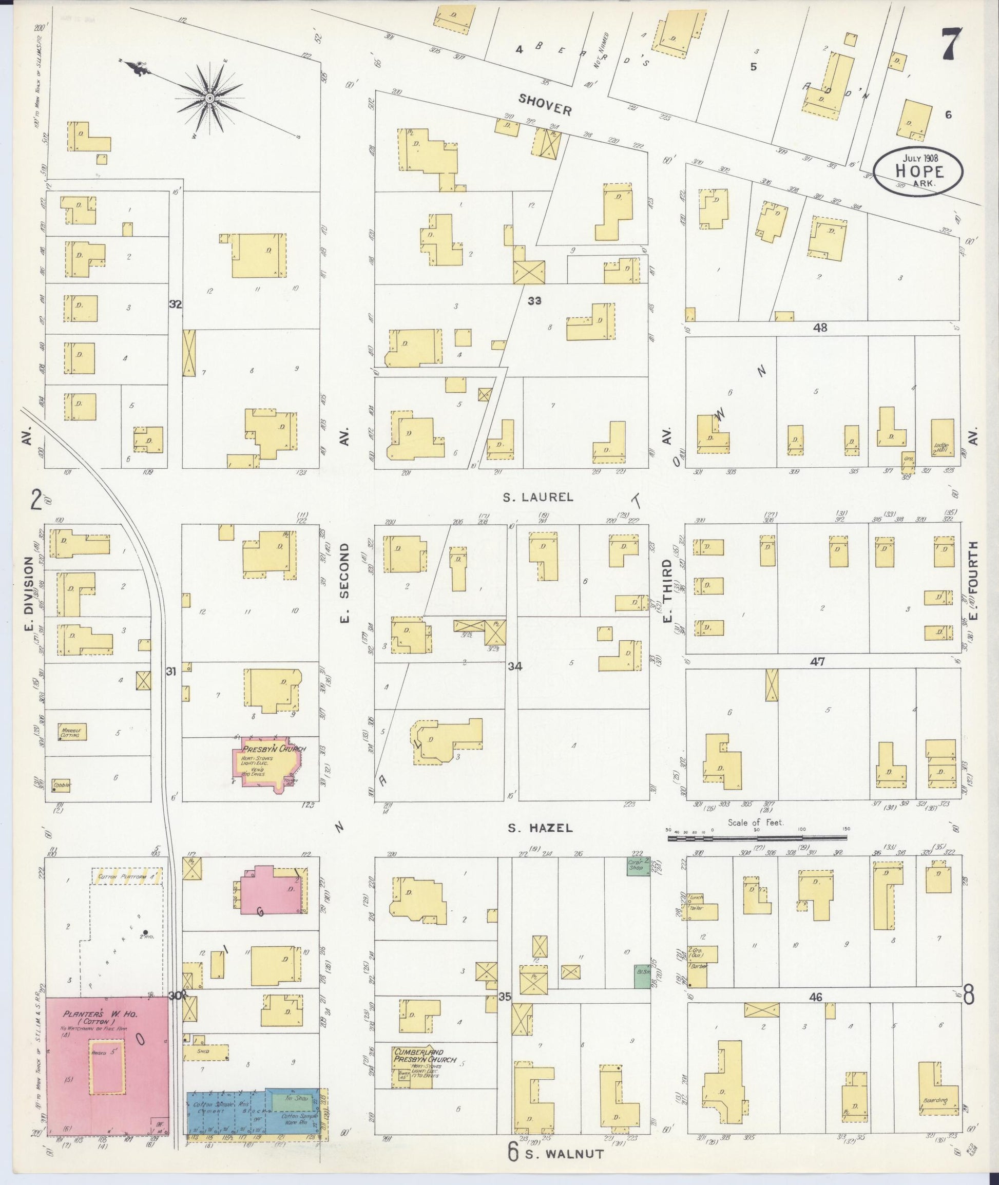 Sanborn Fire Insurance Map from Hope, Hempstead County, Arkansas (1908), Sheet #0007 - Complete Map Set gallery image, historic Sanborn map, vintage wall art, Arkansas Arkansas