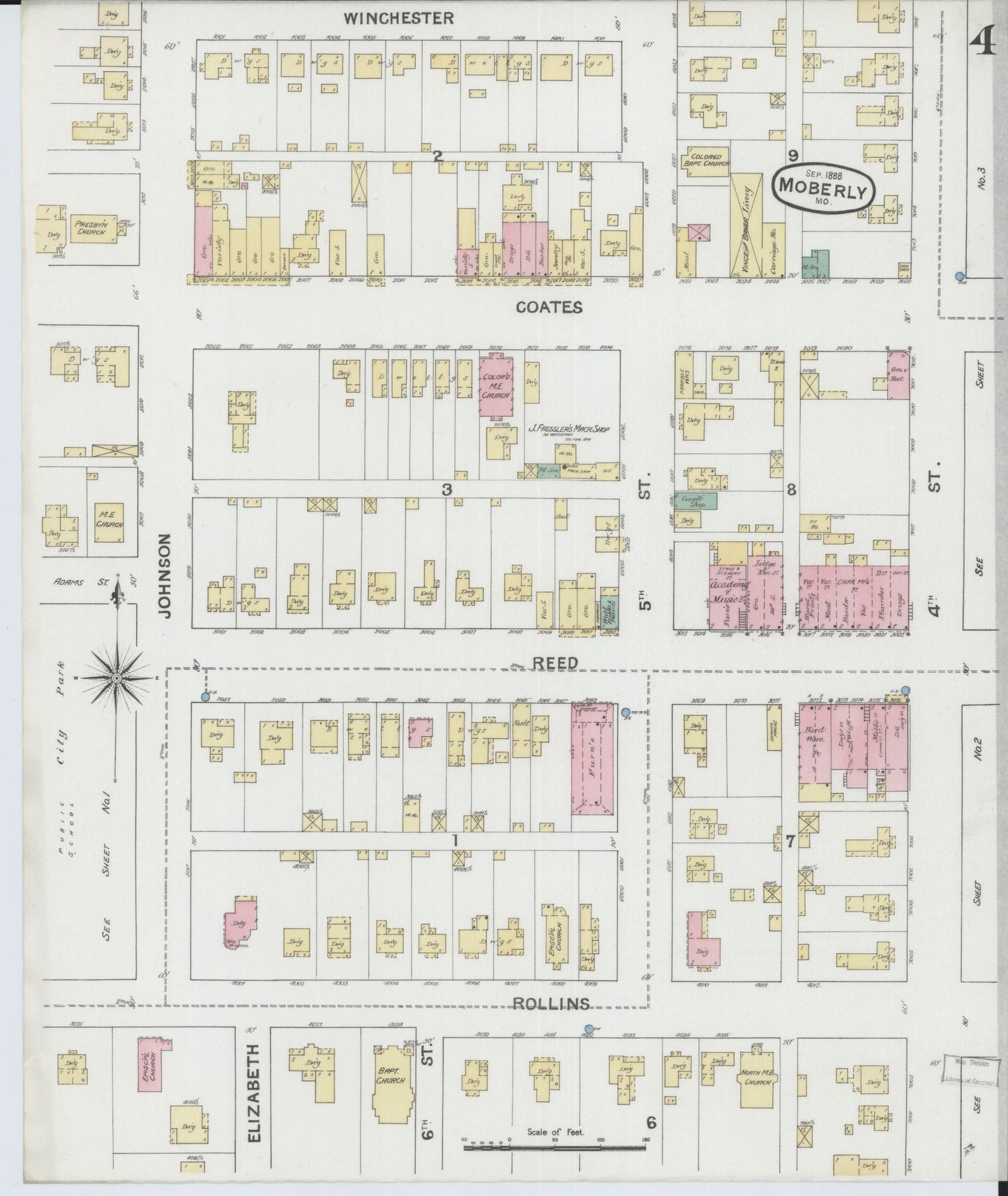 Sanborn Fire Insurance Map from Moberly, Randolph County, Missouri (1888), Sheet #0004 - Complete Map Set gallery image, historic Sanborn map, vintage wall art, Missouri Missouri