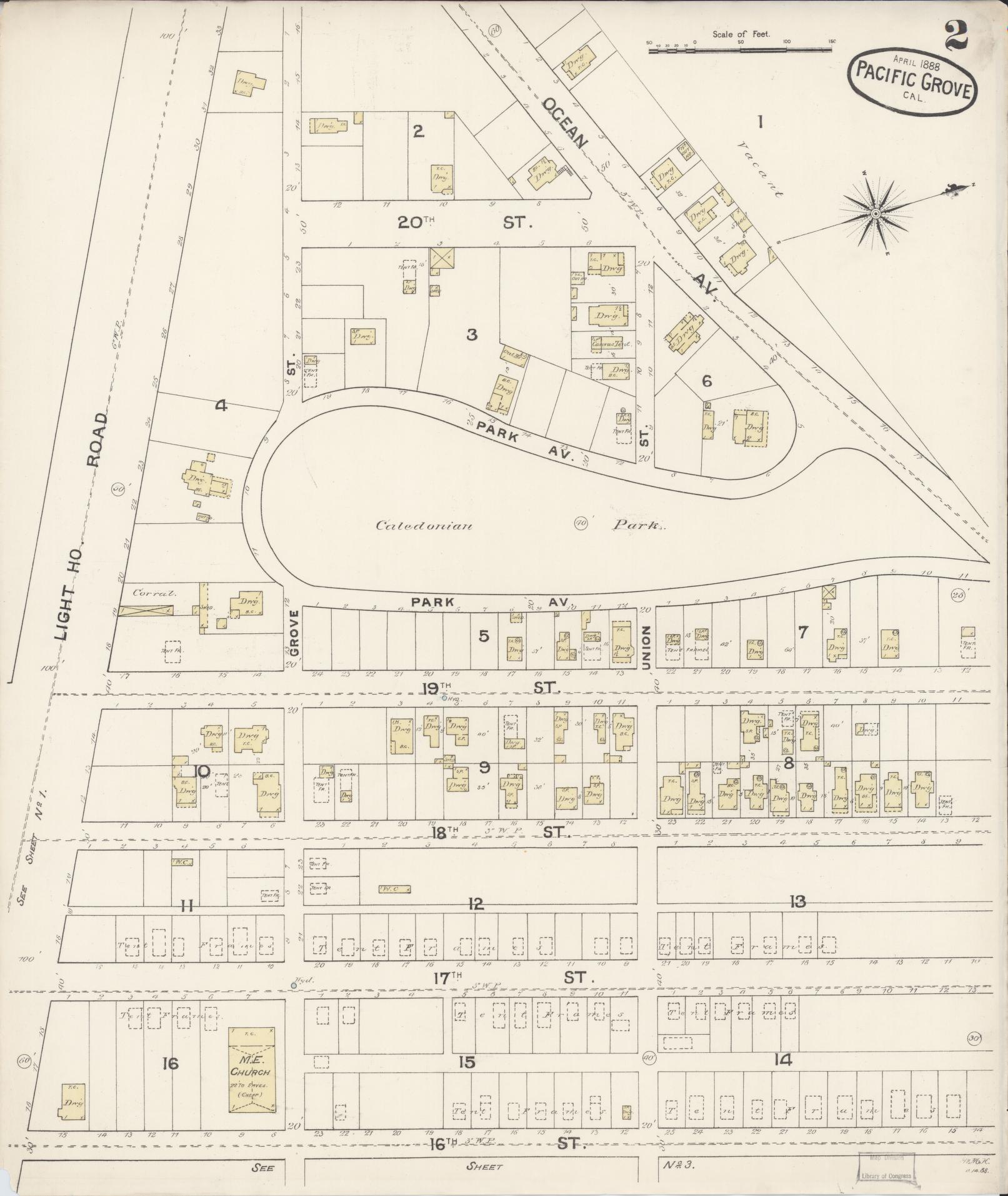 Sanborn Fire Insurance Map from Pacific Grove, Monterey County, California (1888), Sheet #0002 - Complete Map Set gallery image, historic Sanborn map, vintage wall art, California California
