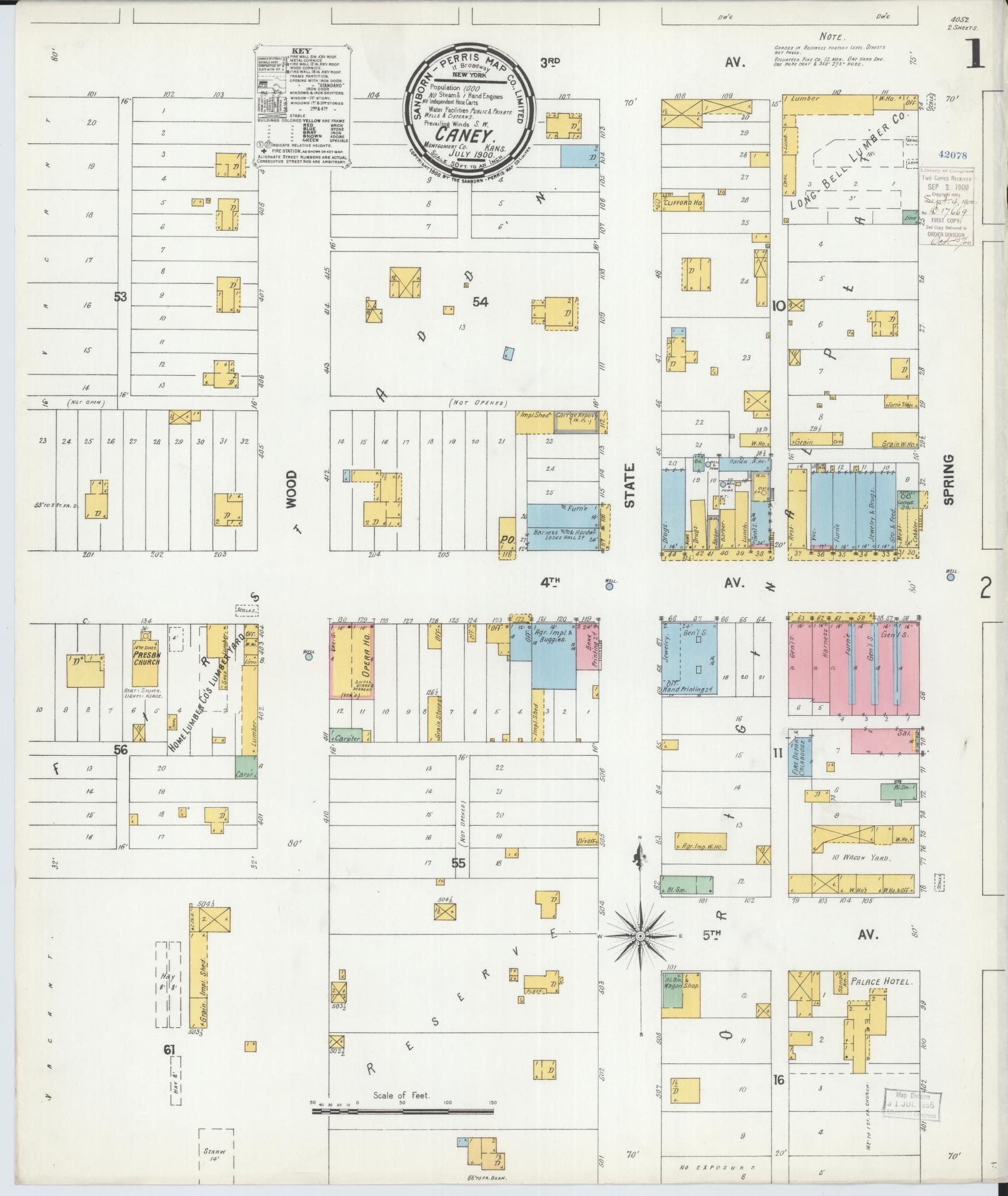 Sanborn Fire Insurance Map from Caney, Montgomery County, Kansas (1900), Sheet #0001 - Historic Sanborn Fire Insurance Map Print, vintage old map wall art, antique decor, genealogy gift, Kansas Kansas map
