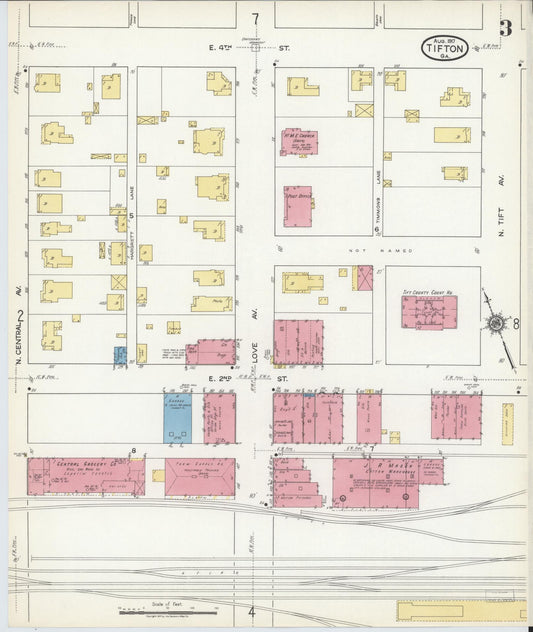 Sanborn Fire Insurance Map from Tifton, Tift County, Georgia (1917), Sheet #0003 - Historic Sanborn Fire Insurance Map Print, vintage old map wall art, antique decor, genealogy gift, Georgia Georgia map