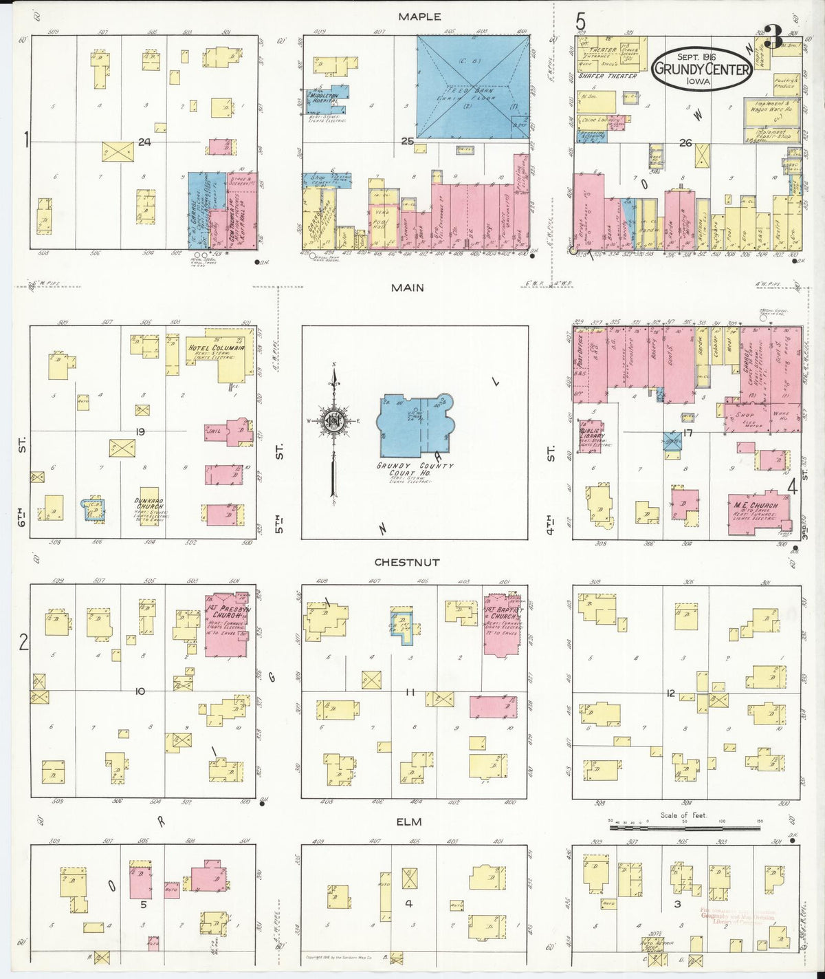 Sanborn Fire Insurance Map from Grundy Center, Grundy County, Iowa (1916), Sheet #0003 - Historic Sanborn Fire Insurance Map Print