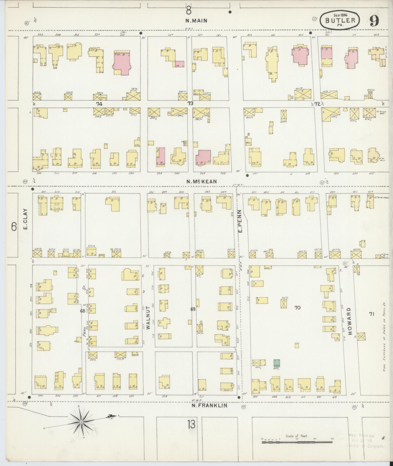 Sanborn Fire Insurance Map from Butler, Butler County, Pennsylvania (1896), Sheet #0009 - Historic Sanborn Fire Insurance Map Print, vintage old map wall art, antique decor, genealogy gift, Pennsylvania Pennsylvania map