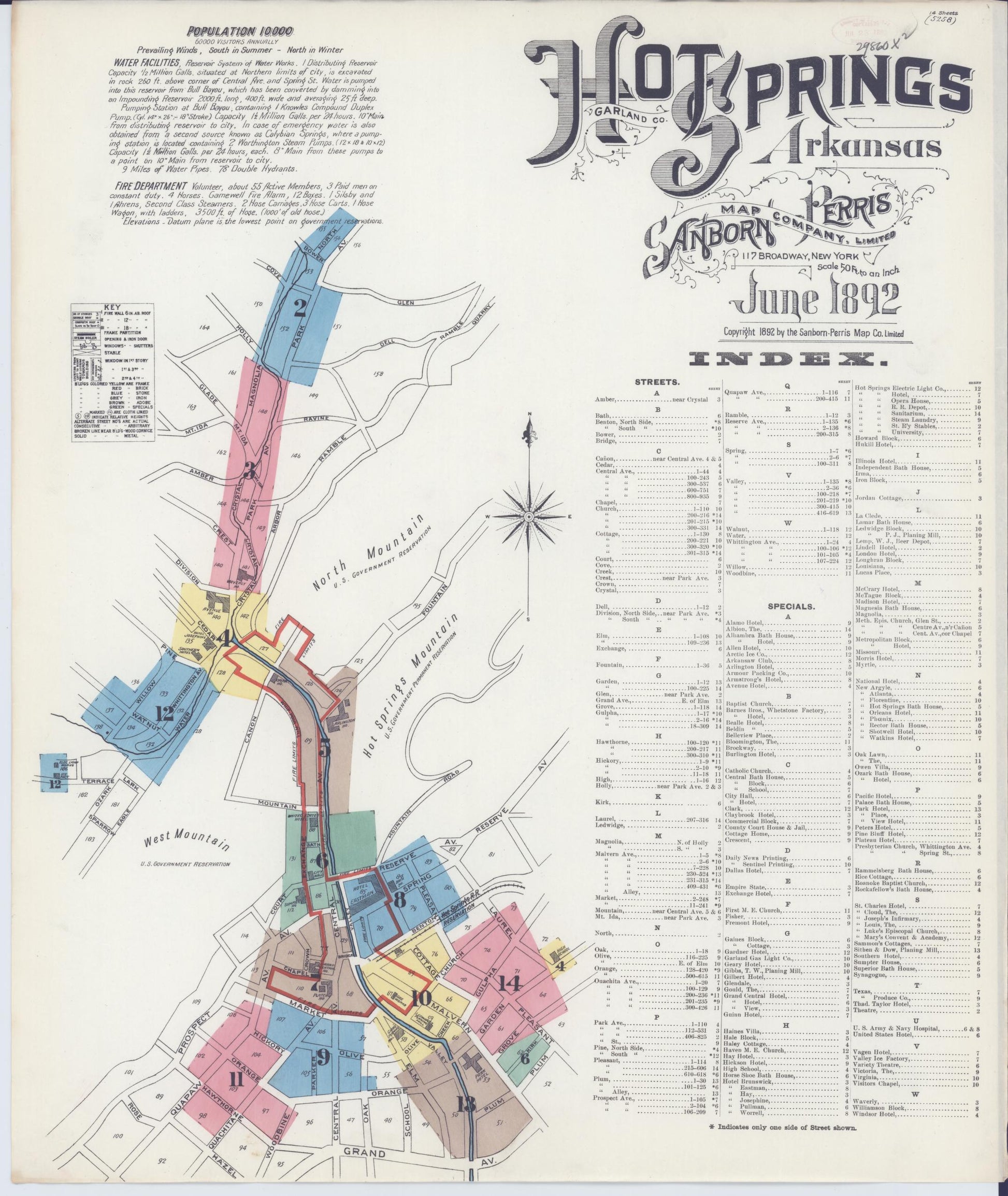 Sanborn Fire Insurance Map from Hot Springs, Garland County, Arkansas (1892), Sheet #0001 - Historic Sanborn Fire Insurance Map Print, vintage old map wall art, antique decor, genealogy gift, Arkansas Arkansas map