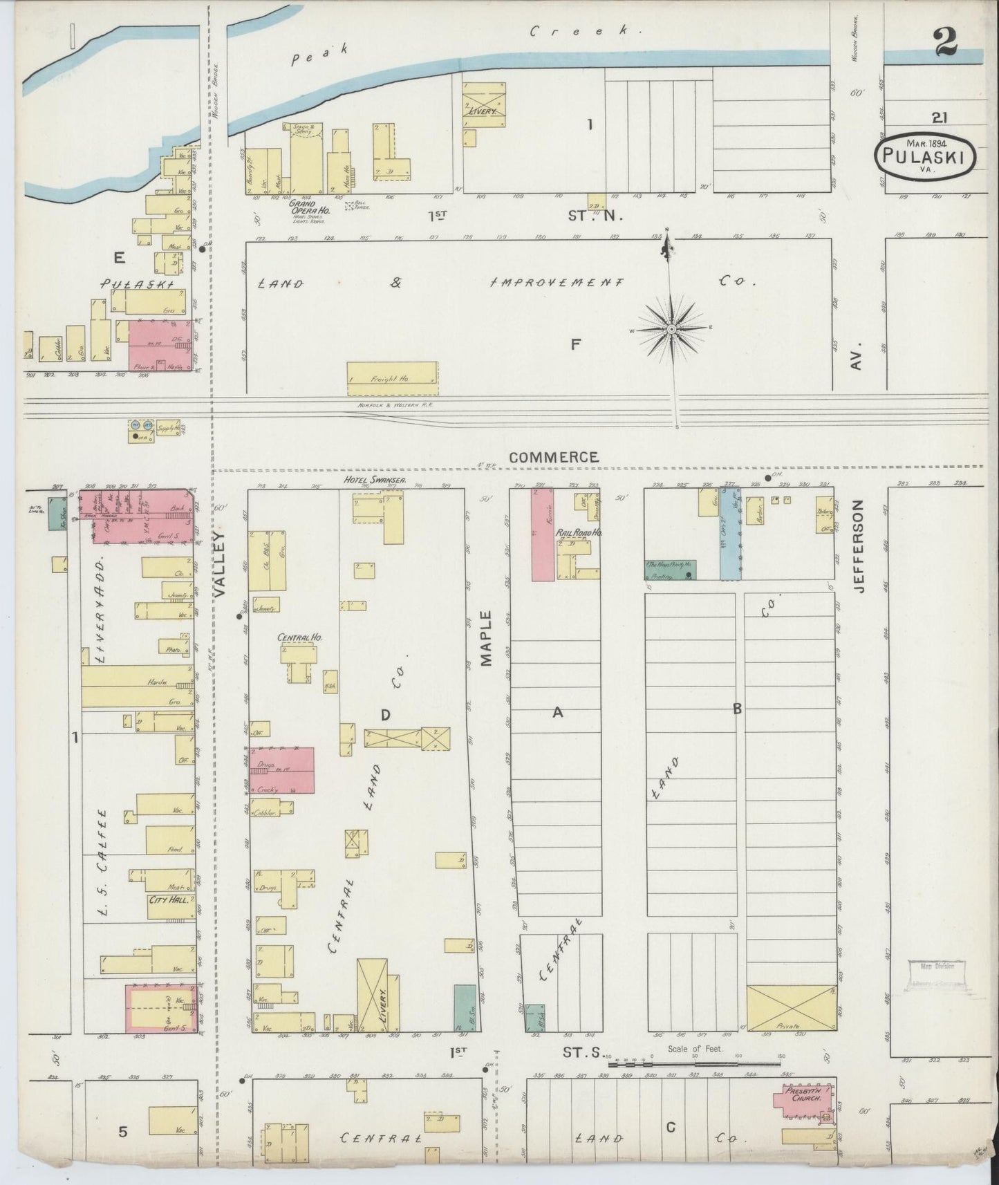 Sanborn Fire Insurance Map from Pulaski, Pulaski County, Virginia (1894), Sheet #0002 - Historic Sanborn Fire Insurance Map Print, vintage old map wall art, antique decor, genealogy gift, Virginia Virginia map