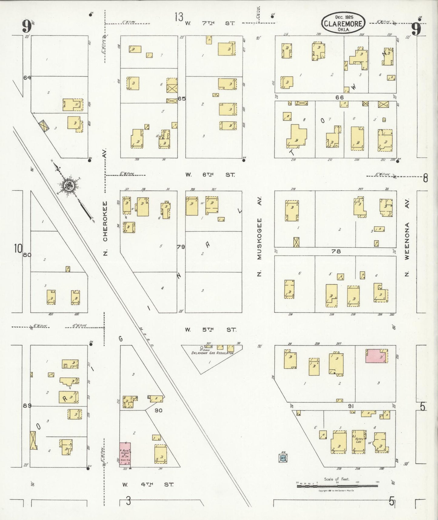 Sanborn Fire Insurance Map from Claremore, Rogers County, Oklahoma (1925), Sheet #0009 - Historic Sanborn Fire Insurance Map Print, vintage old map wall art, antique decor, genealogy gift, Oklahoma Oklahoma map
