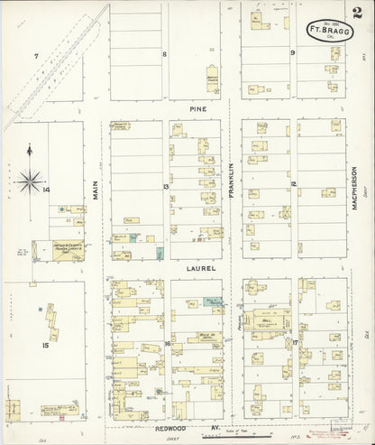 Sanborn Fire Insurance Map from Fort Bragg, Mendocino County, California (1890), Sheet #0002 - Historic Sanborn Fire Insurance Map Print, vintage old map wall art, antique decor, genealogy gift, California California map