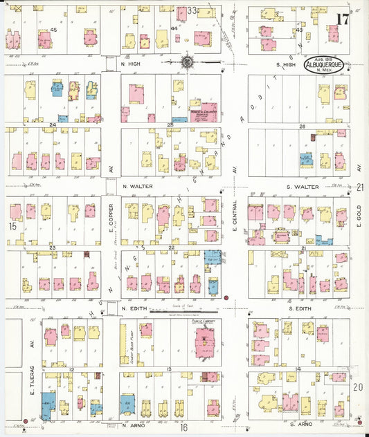 Sanborn Fire Insurance Map from Albuquerque, Bernalillo County, New Mexico (1919), Sheet #0017 - Historic Sanborn Fire Insurance Map Print, vintage old map wall art, antique decor, genealogy gift, New Mexico New Mexico map