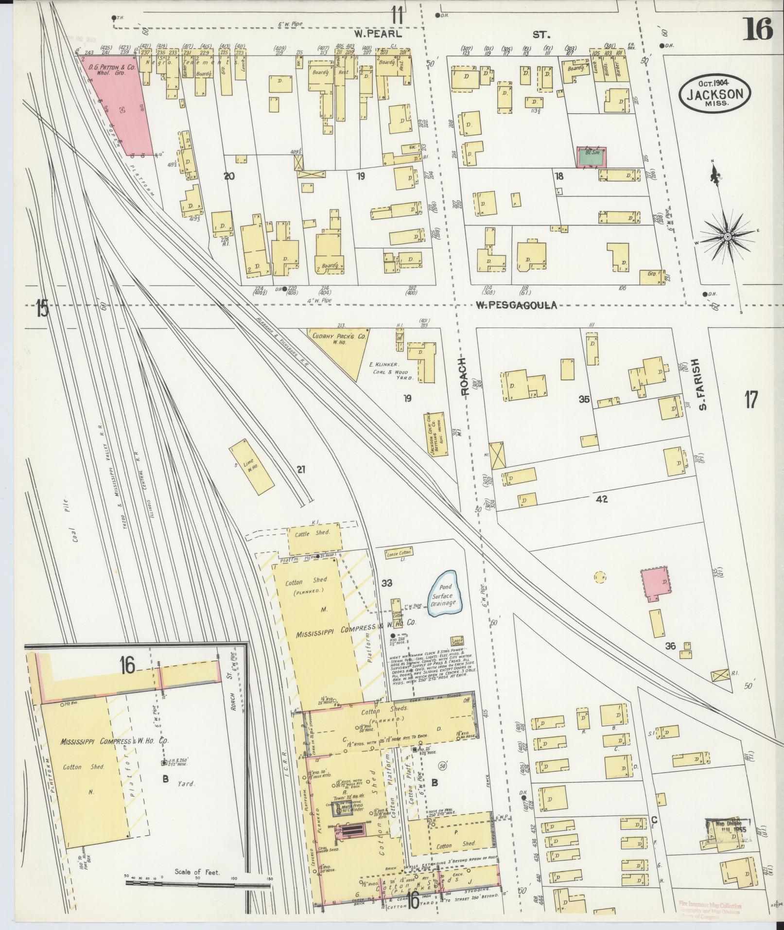 Sanborn Fire Insurance Map from Jackson, Hinds County, Mississippi (1904), Sheet #0016 - Historic Sanborn Fire Insurance Map Print, vintage old map wall art, antique decor, genealogy gift, Mississippi Mississippi map