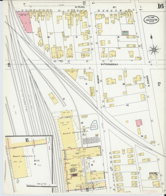 Sanborn Fire Insurance Map from Jackson, Hinds County, Mississippi (1904), Sheet #0016 - Historic Sanborn Fire Insurance Map Print, vintage old map wall art, antique decor, genealogy gift, Mississippi Mississippi map