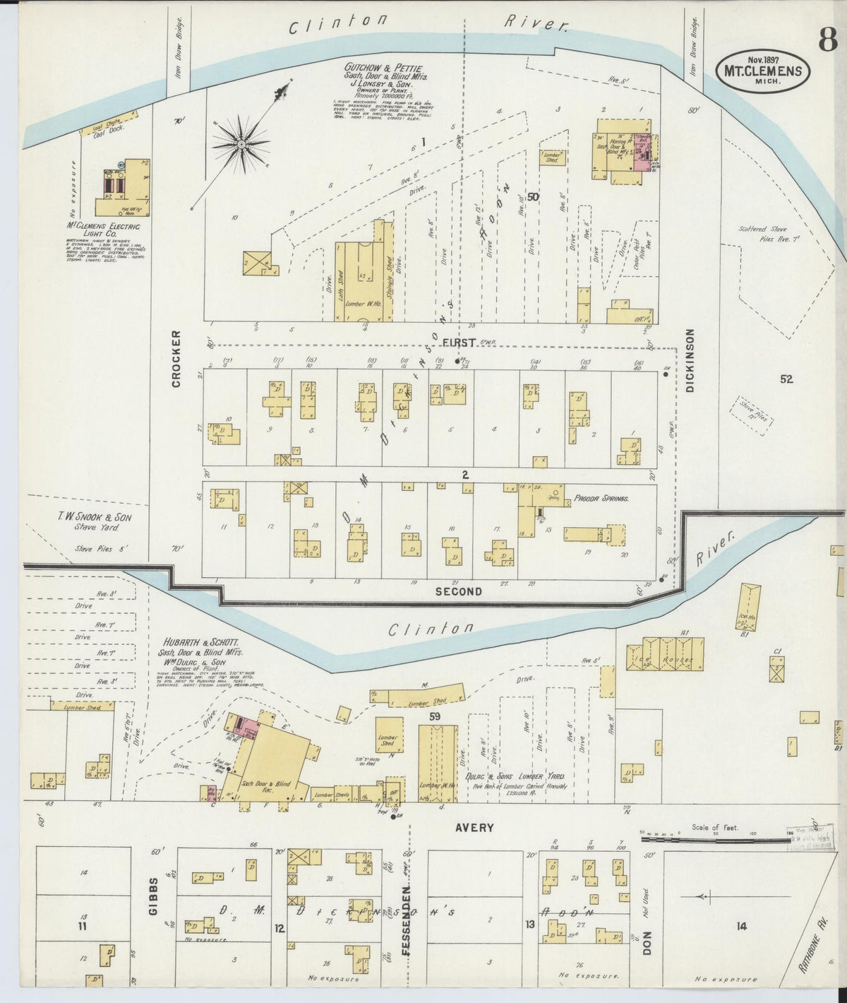 Sanborn Fire Insurance Map from Mount Clemens, Macomb County, Michigan (1897), Sheet #0008 - Historic Sanborn Fire Insurance Map Print, vintage old map wall art, antique decor, genealogy gift, Michigan Michigan map