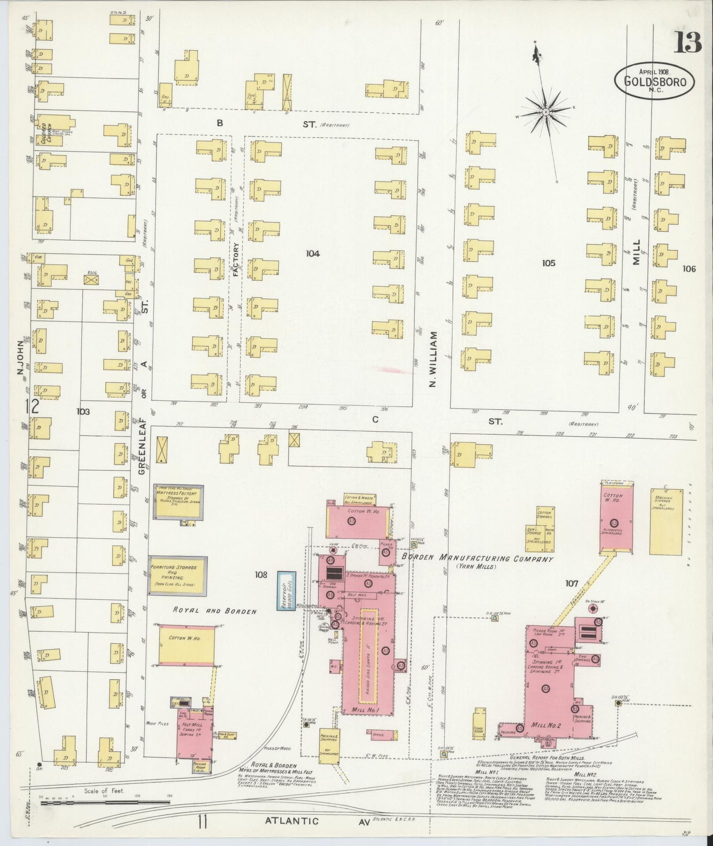 Sanborn Fire Insurance Map from Goldsboro, Wayne County, North Carolina (1908), Sheet #0013 - Complete Map Set gallery image, historic Sanborn map, vintage wall art, North Carolina North Carolina