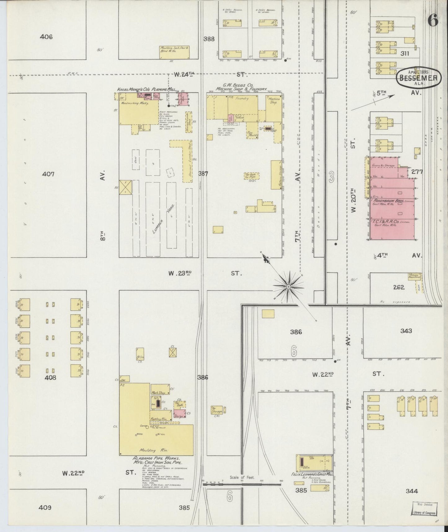 Sanborn Fire Insurance Map from Bessemer, Jefferson County, Alabama (1895), Sheet #0006 - Complete Map Set gallery image, historic Sanborn map, vintage wall art, Alabama Alabama