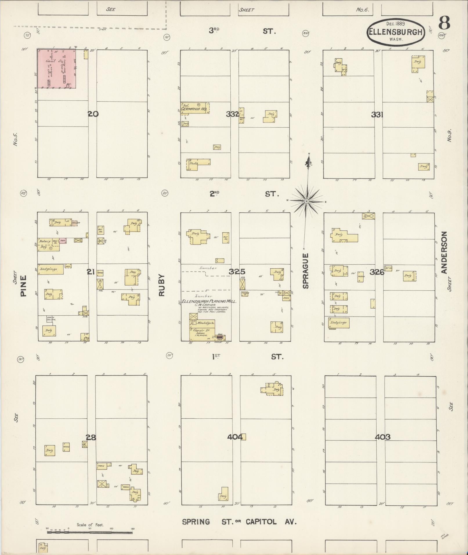 Sanborn Fire Insurance Map from Ellensburg, Kittitas County, Washington (1889), Sheet #0008 - Historic Sanborn Fire Insurance Map Print, vintage old map wall art, antique decor, genealogy gift, Washington Washington map