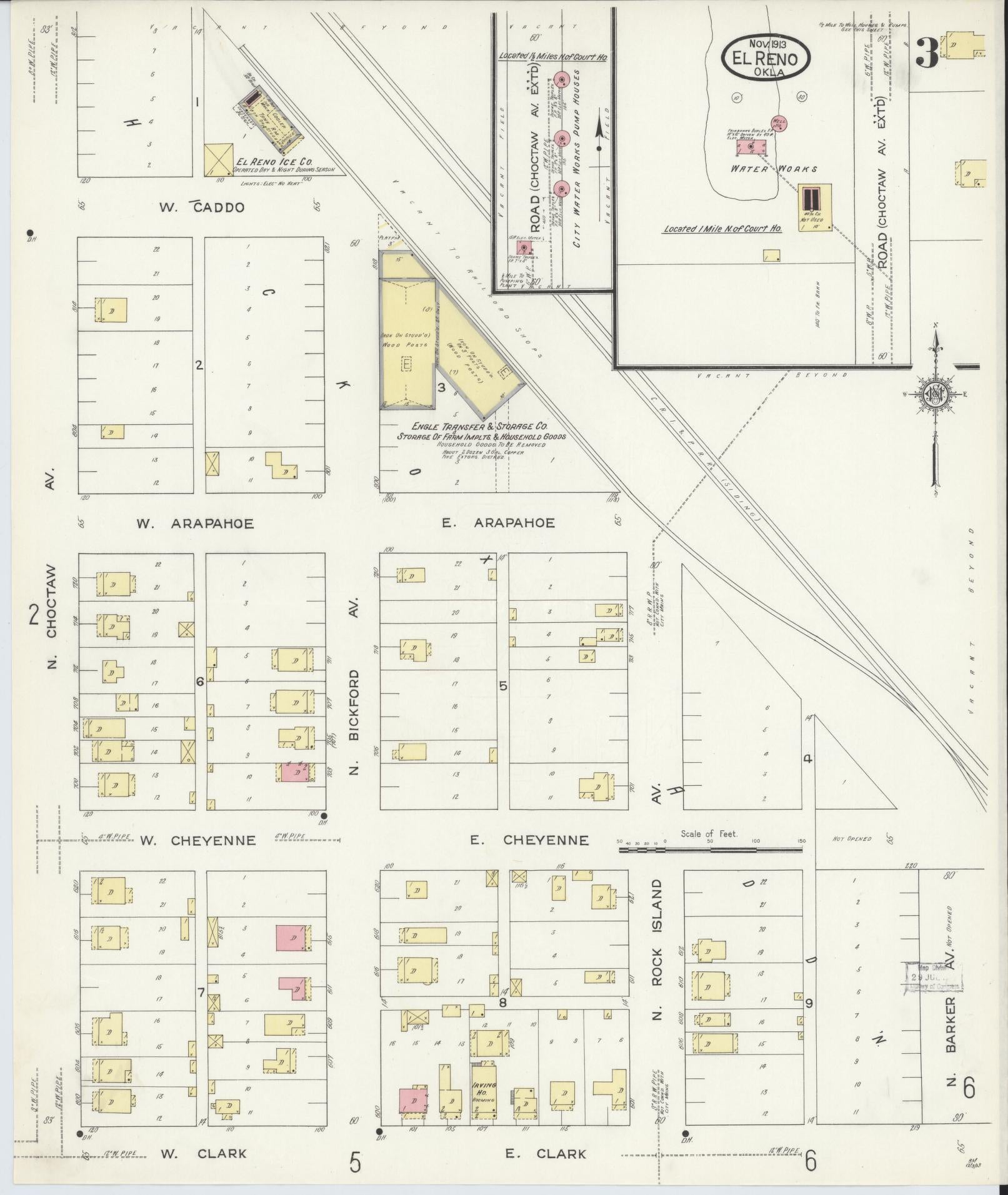 Sanborn Fire Insurance Map from El Reno, Canadian County, Oklahoma (1913), Sheet #0003 - Historic Sanborn Fire Insurance Map Print, vintage old map wall art, antique decor, genealogy gift, Oklahoma Oklahoma map