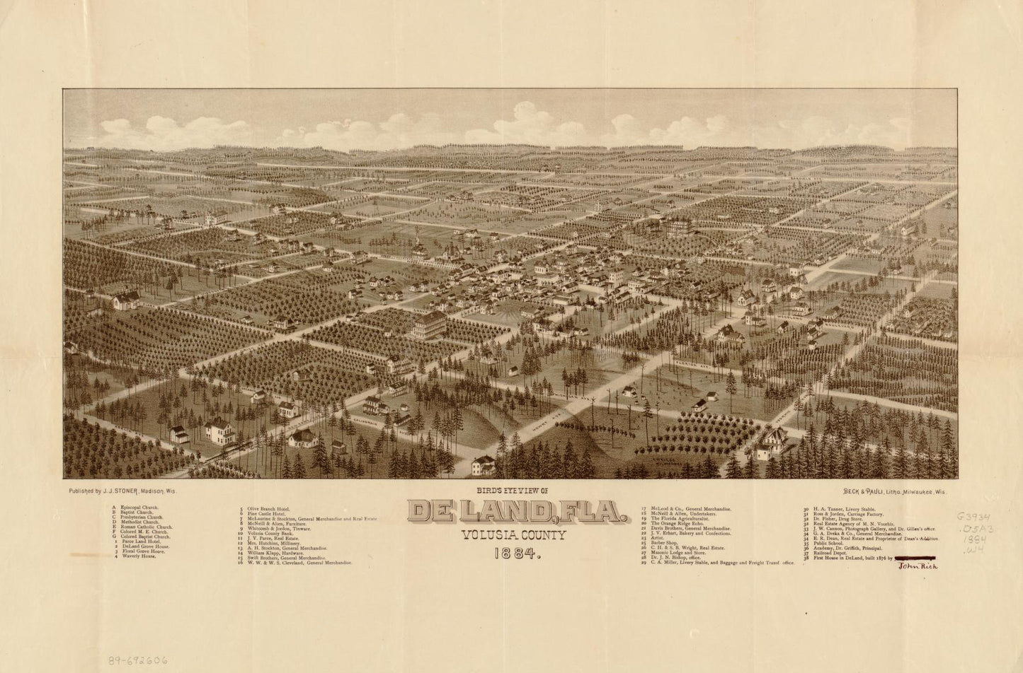Bird's eye view of De Land, Fla., Volusia County, 1884 (1884) – Historic Bird’s-Eye View Panorama Print