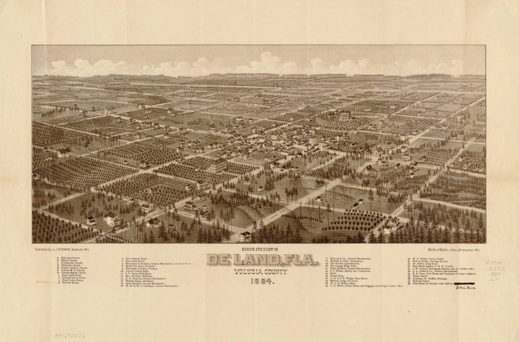 Bird's eye view of De Land, Fla., Volusia County, 1884 (1884) – Historic Bird’s-Eye View Panorama Print