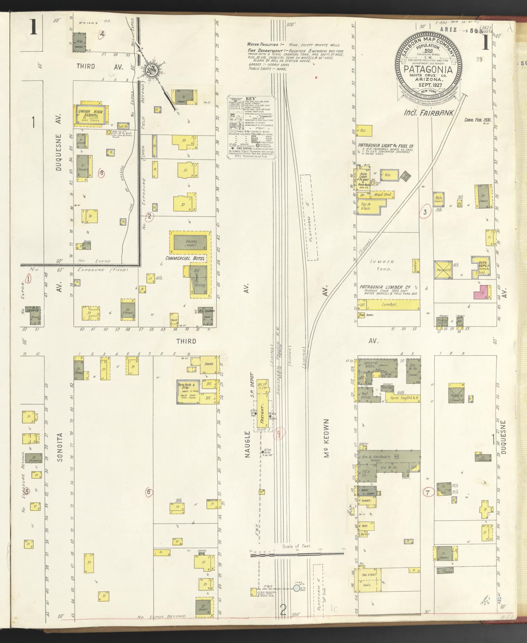 Sanborn Fire Insurance Map from Patagonia, Santa Cruz County, Arizona (1927), Sheet #0001 - Complete Map Set gallery image, historic Sanborn map, vintage wall art, Arizona Arizona