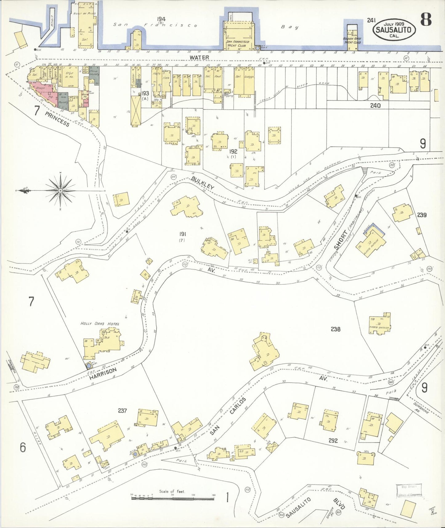 Sanborn Fire Insurance Map from Sausalito, Marin County, California (1909), Sheet #0008 - Complete Map Set gallery image, historic Sanborn map, vintage wall art, California California