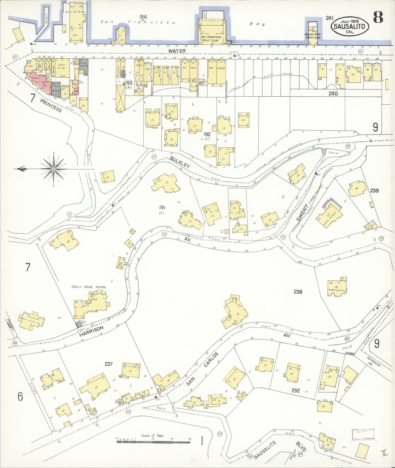 Sanborn Fire Insurance Map from Sausalito, Marin County, California (1909), Sheet #0008 - Complete Map Set gallery image, historic Sanborn map, vintage wall art, California California