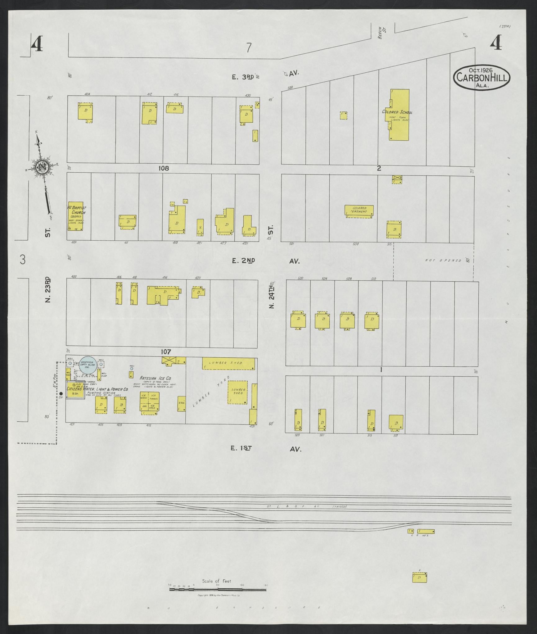 Sanborn Fire Insurance Map from Carbon Hill, Valher County, Alabama (1926), Sheet #0004 - Historic Sanborn Fire Insurance Map Print, vintage old map wall art, antique decor, genealogy gift, Alabama Alabama map