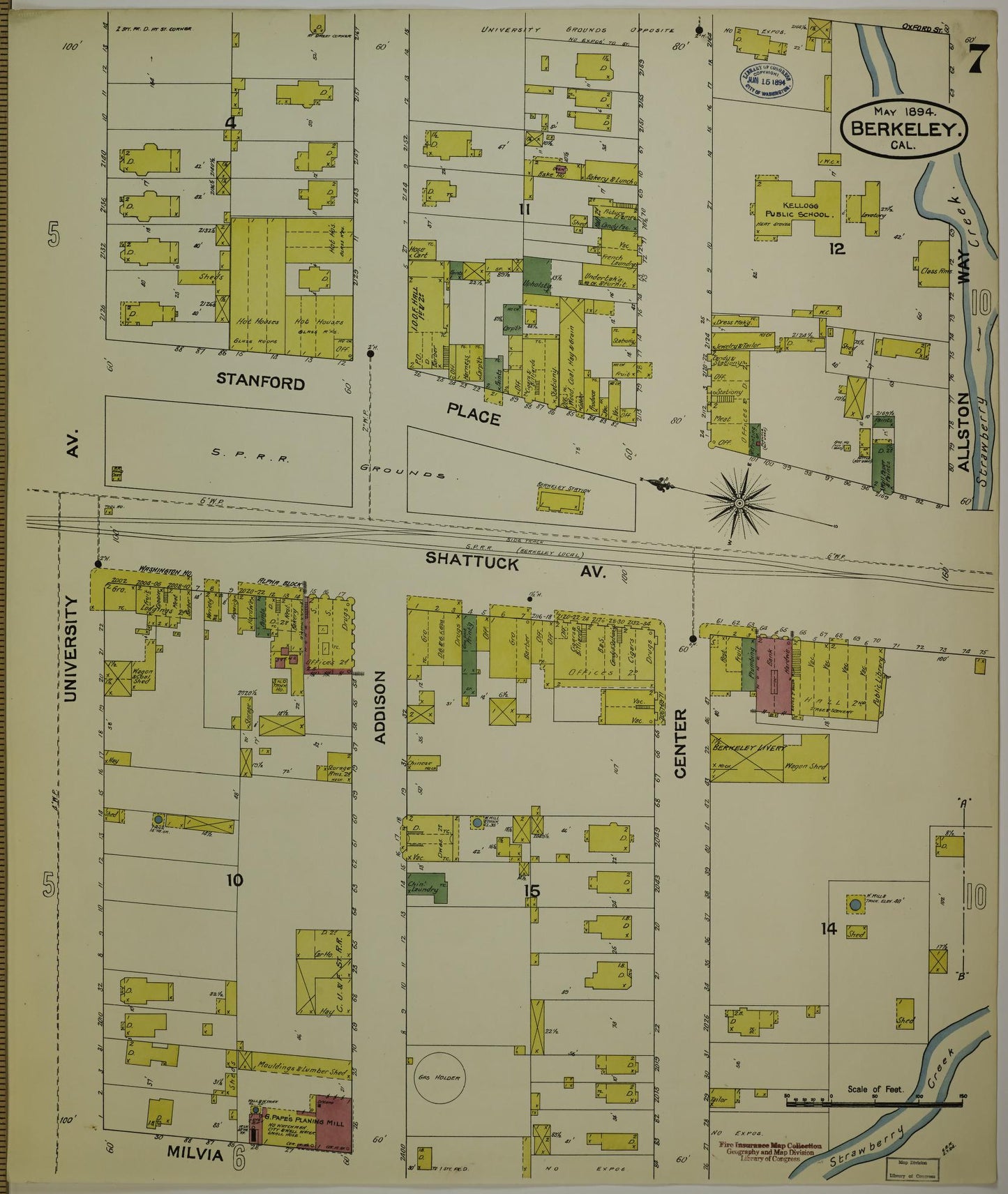 Sanborn Fire Insurance Map from Berkeley, Alameda County, California (1894), Sheet #0007 - Historic Sanborn Fire Insurance Map Print, vintage old map wall art, antique decor, genealogy gift, California California map