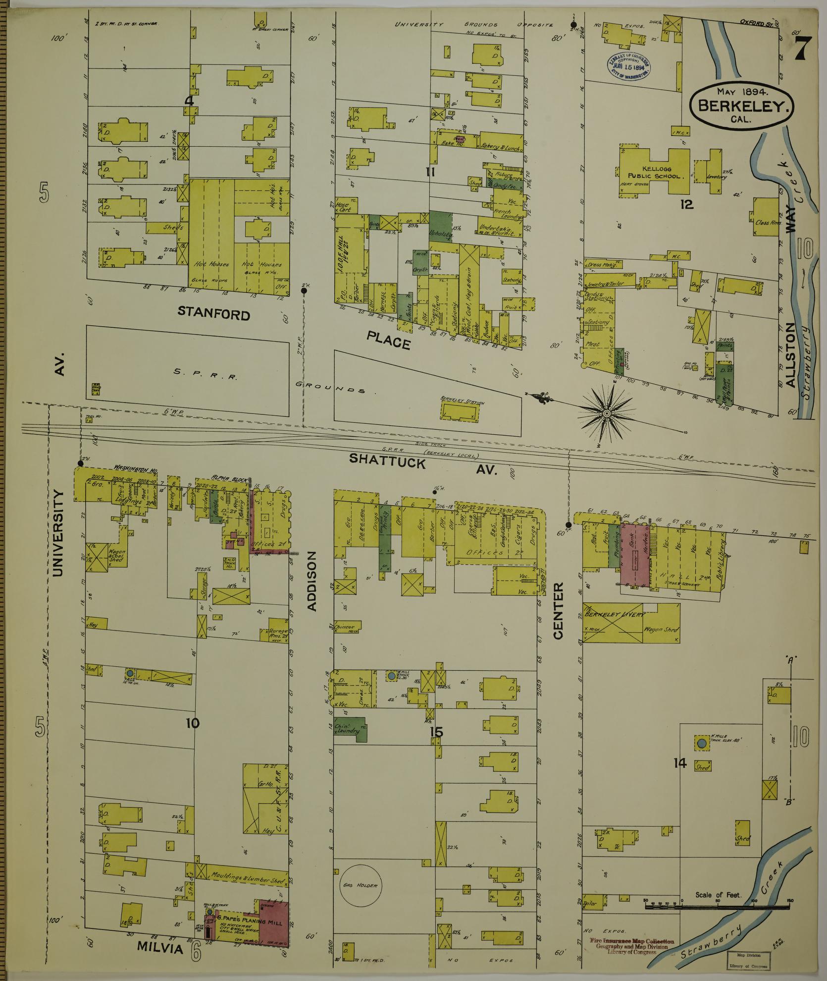 Sanborn Fire Insurance Map from Berkeley, Alameda County, California (1894), Sheet #0007 - Historic Sanborn Fire Insurance Map Print, vintage old map wall art, antique decor, genealogy gift, California California map
