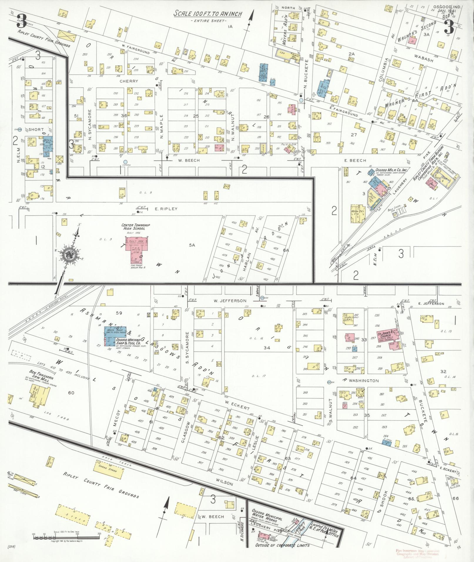 Sanborn Fire Insurance Map from Osgood, Ripley County, Indiana (1941), Sheet #0003 - Historic Sanborn Fire Insurance Map Print, vintage old map wall art, antique decor, genealogy gift, Indiana Indiana map