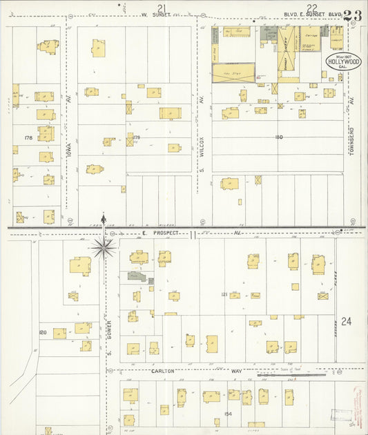 Sanborn Fire Insurance Map from Hollywood, Los Angeles County, California (1907), Sheet #0023 - Historic Sanborn Fire Insurance Map Print, vintage old map wall art, antique decor, genealogy gift, California California map