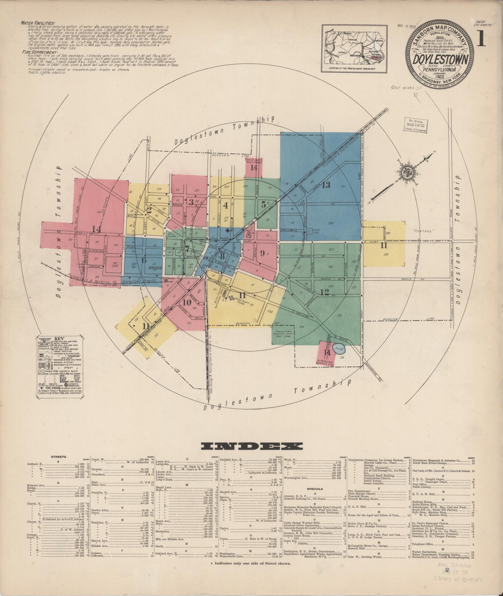 Sanborn Fire Insurance Map from Doylestown, Bucks County, Pennsylvania (1922), Sheet #0001 - Historic Sanborn Fire Insurance Map Print, vintage old map wall art, antique decor, genealogy gift, Pennsylvania Pennsylvania map