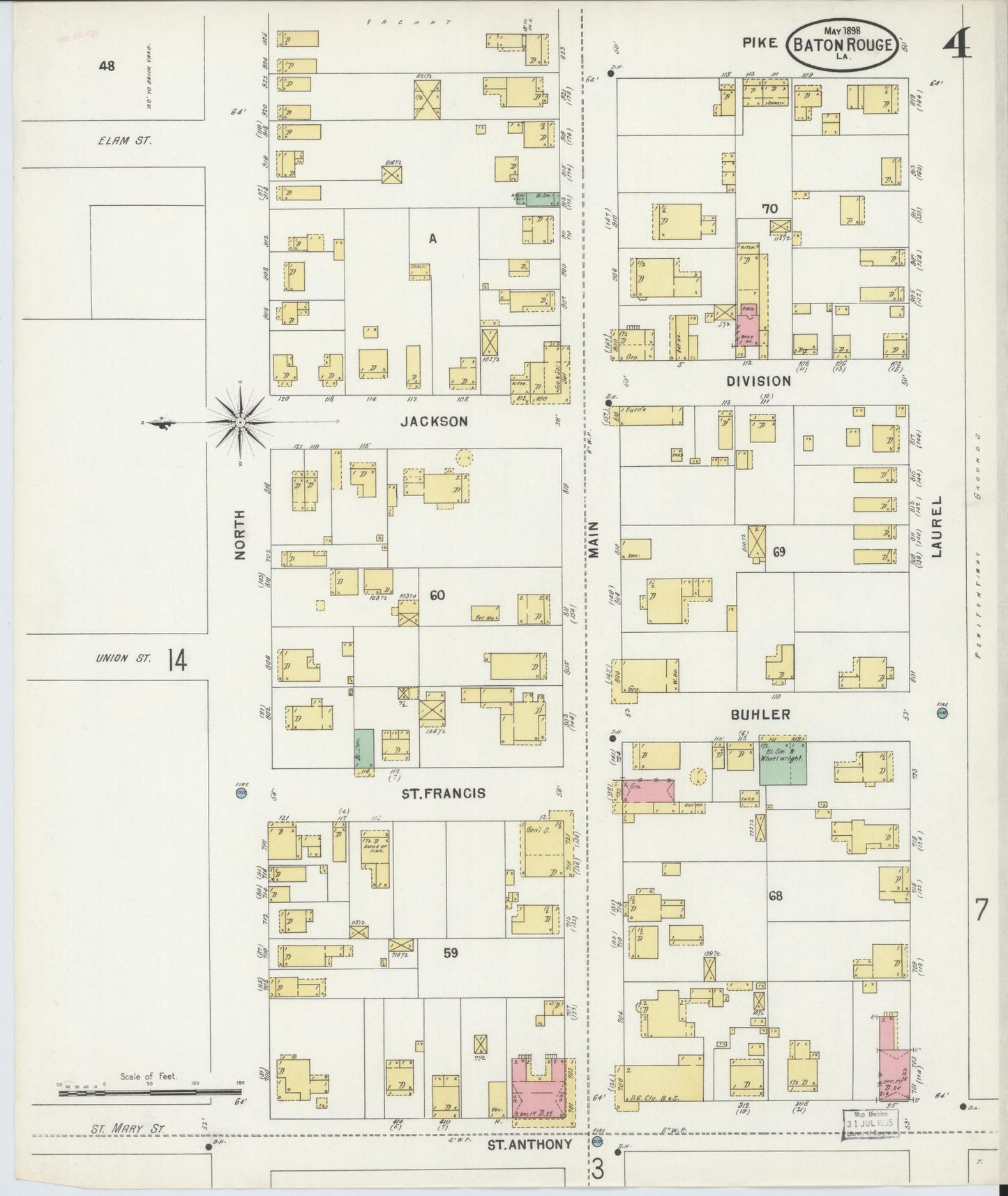 Sanborn Fire Insurance Map from Baton Rouge, East Baton Rouge Parish, Louisiana (1898), Sheet #0004 - Complete Map Set gallery image, historic Sanborn map, vintage wall art, Louisiana Louisiana
