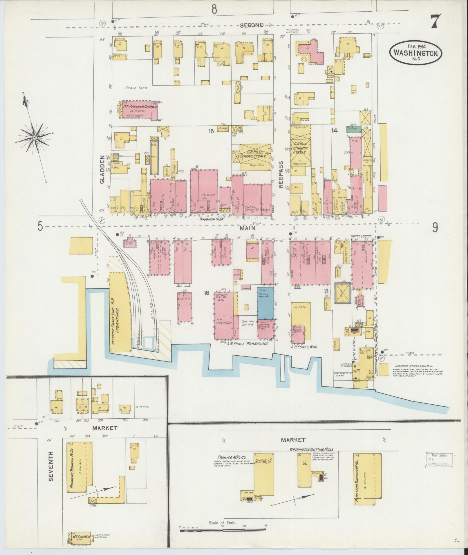 Sanborn Fire Insurance Map from Washington, Beaufort County, North Carolina (1904), Sheet #0007 - Complete Map Set gallery image, historic Sanborn map, vintage wall art, North Carolina North Carolina