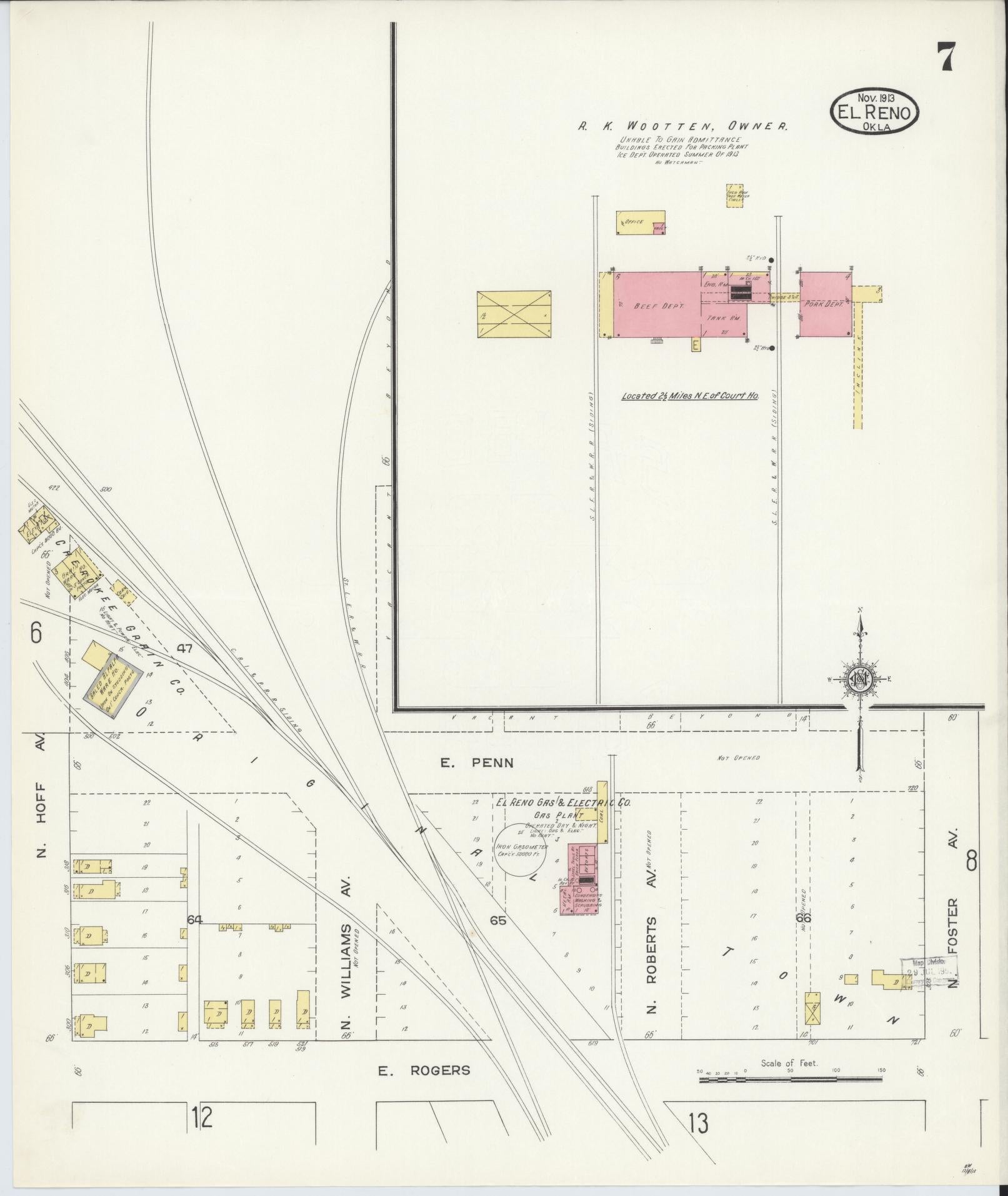 Sanborn Fire Insurance Map from El Reno, Canadian County, Oklahoma (1913), Sheet #0007 - Historic Sanborn Fire Insurance Map Print, vintage old map wall art, antique decor, genealogy gift, Oklahoma Oklahoma map
