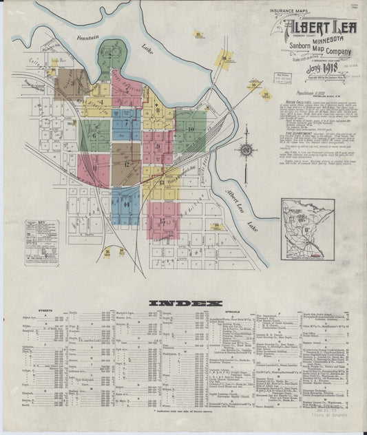 Sanborn Fire Insurance Map from Albert Lea, Freeborn County, Minnesota (1918), Sheet #0001 - Complete Map Set gallery image, historic Sanborn map, vintage wall art, Minnesota Minnesota