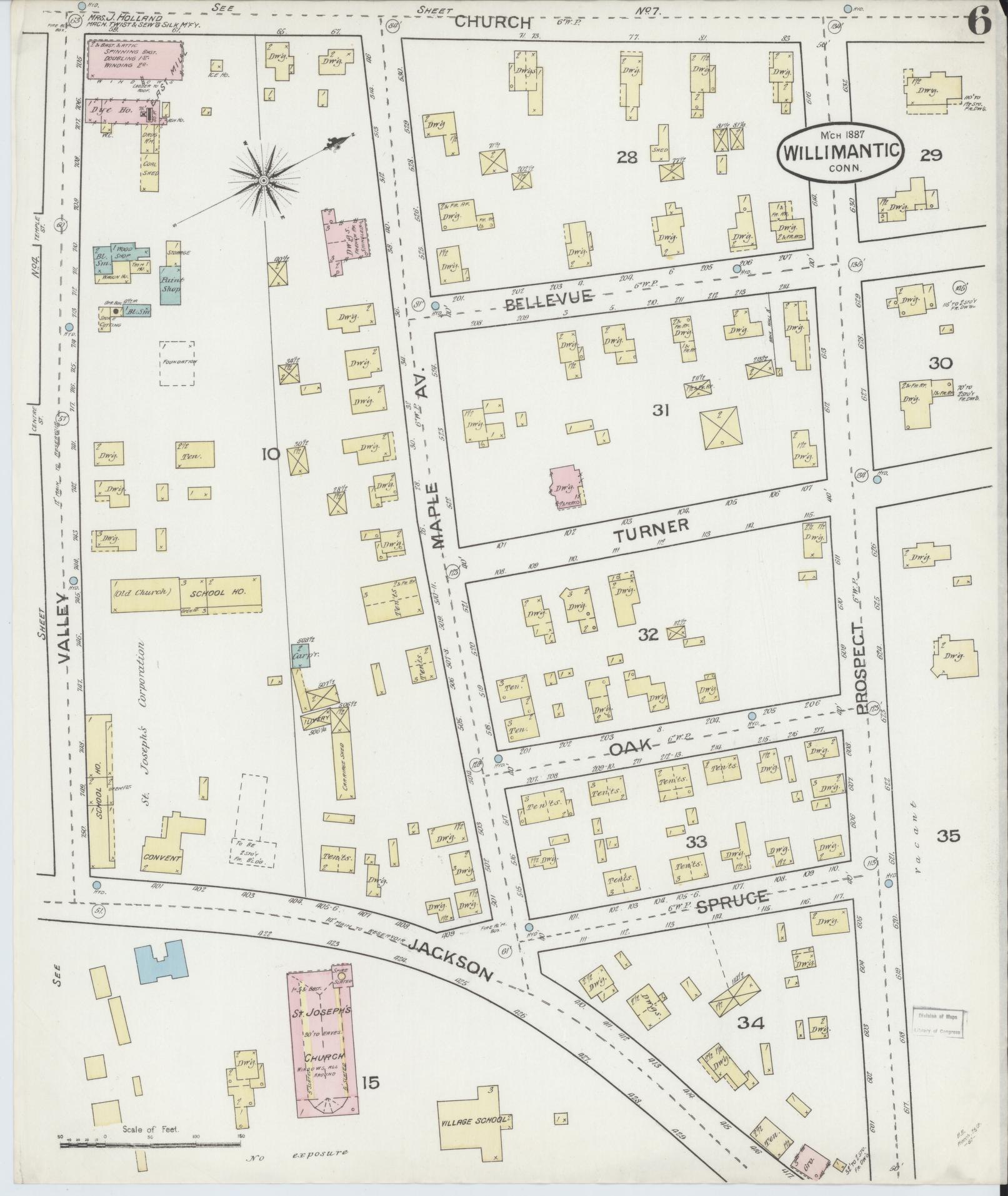 Sanborn Fire Insurance Map from Willimantic, Windham County, Connecticut (1887), Sheet #0006 - Historic Sanborn Fire Insurance Map Print, vintage old map wall art, antique decor, genealogy gift, Connecticut Connecticut map