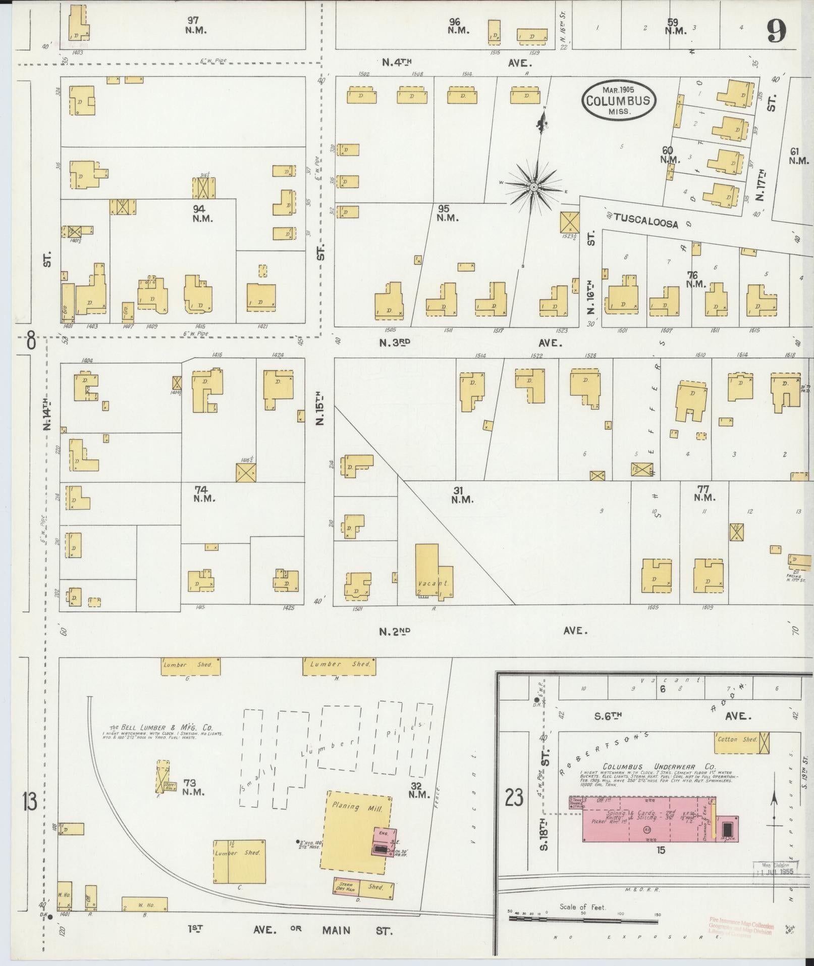 Sanborn Fire Insurance Map from Columbus, Lowndes County, Mississippi (1905), Sheet #0009 - Complete Map Set gallery image, historic Sanborn map, vintage wall art, Mississippi Mississippi