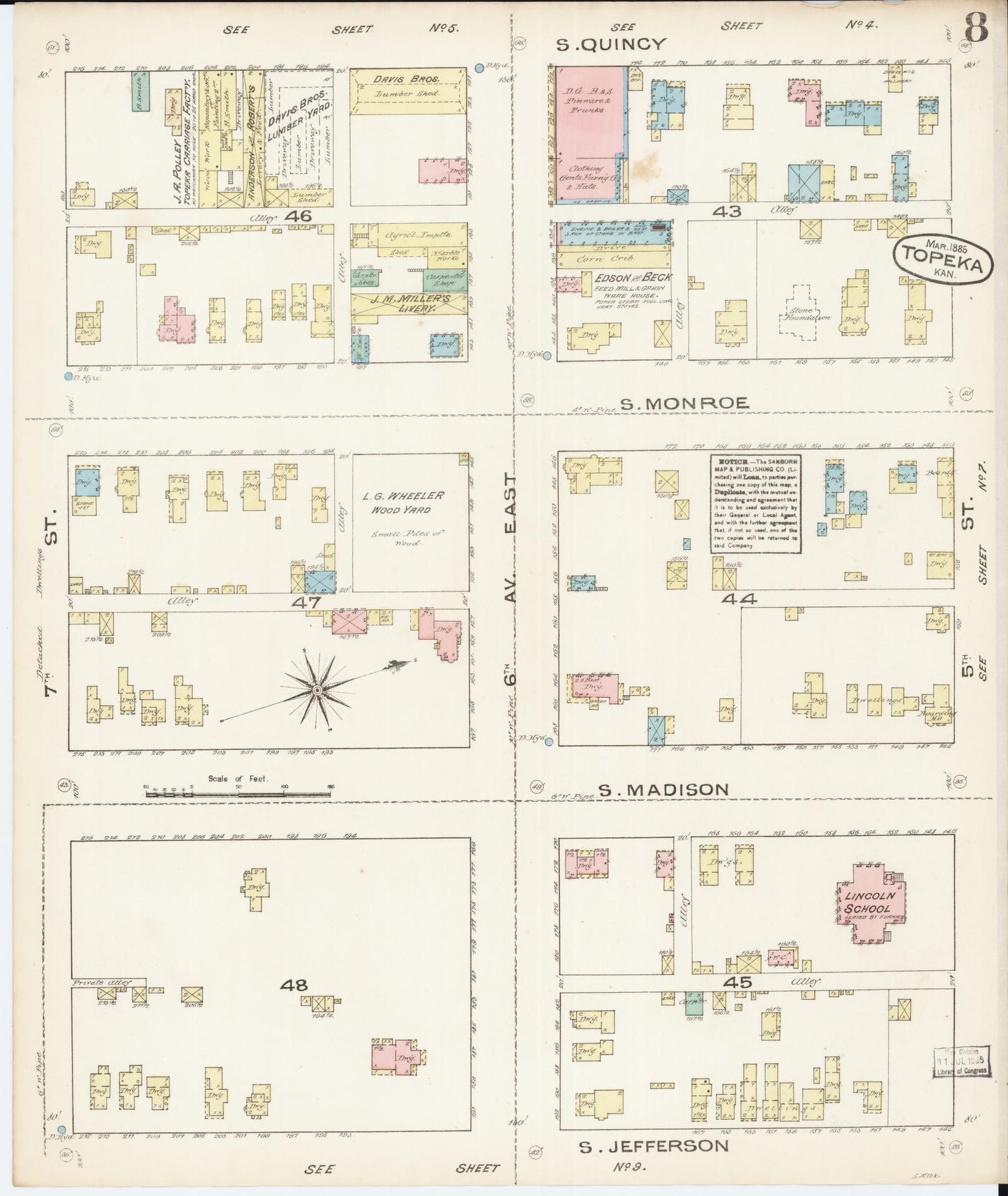 Sanborn Fire Insurance Map from Topeka, Shawnee County, Kansas (1885), Sheet #0008 - Complete Map Set gallery image, historic Sanborn map, vintage wall art, Kansas Kansas
