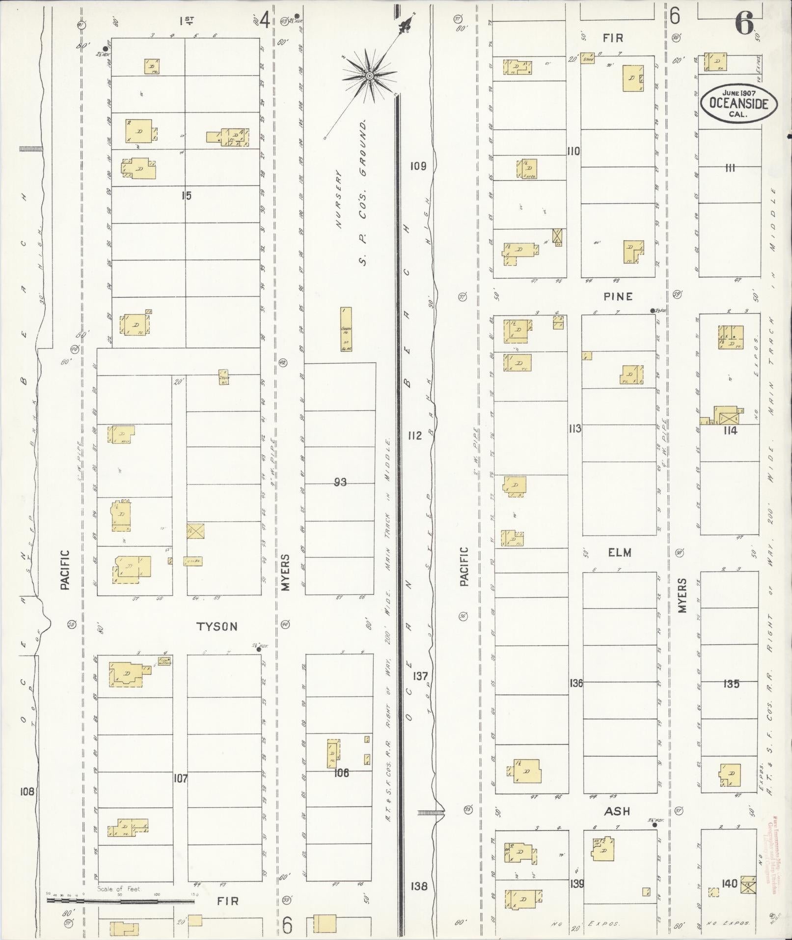 Sanborn Fire Insurance Map from Oceanside, San Diego County, California (1907), Sheet #0006 - Complete Map Set gallery image, historic Sanborn map, vintage wall art, California California