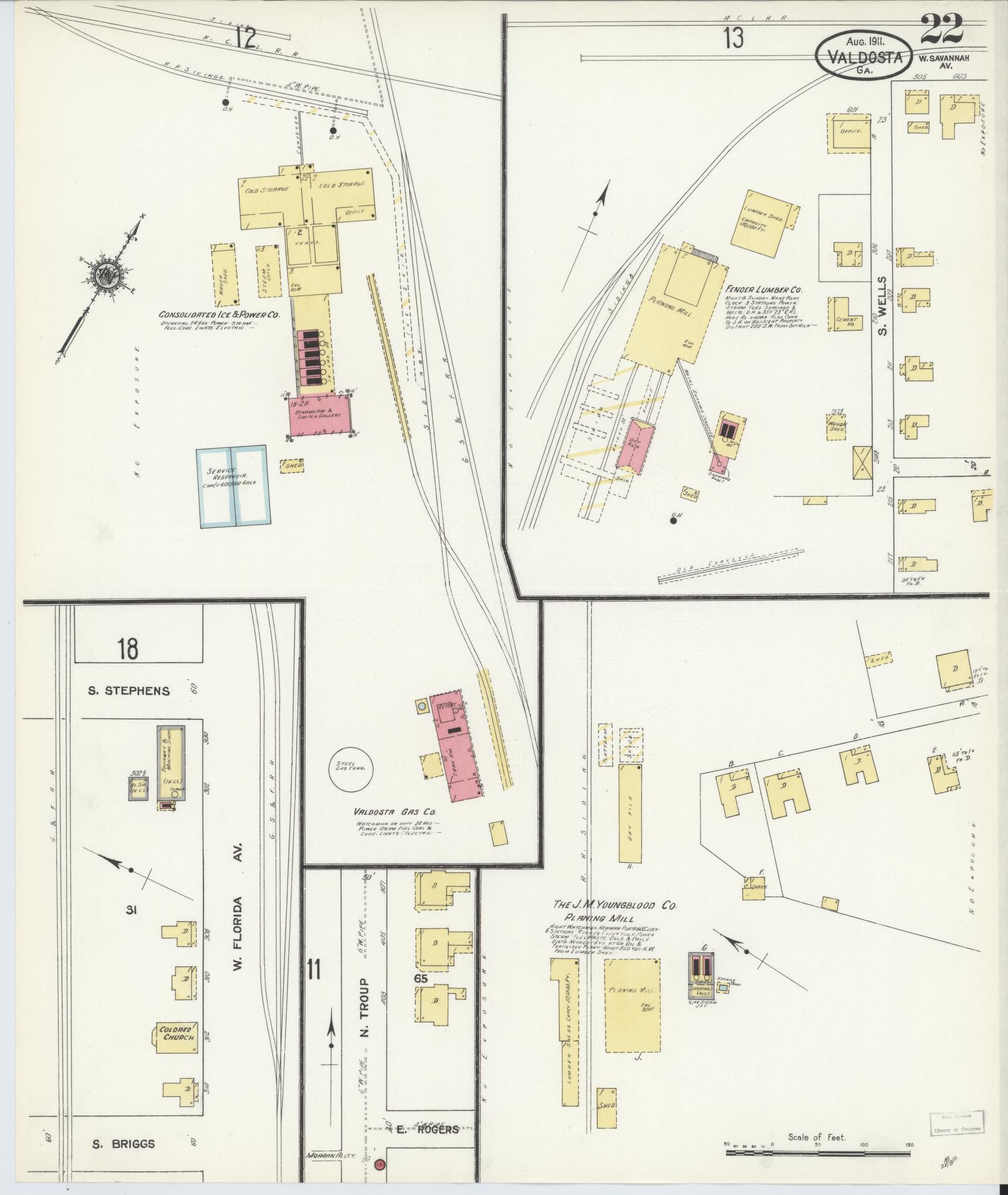 Sanborn Fire Insurance Map from Valdosta, Lowndes County, Georgia (1911), Sheet #0022 - Historic Sanborn Fire Insurance Map Print, vintage old map wall art, antique decor, genealogy gift, Georgia Georgia map