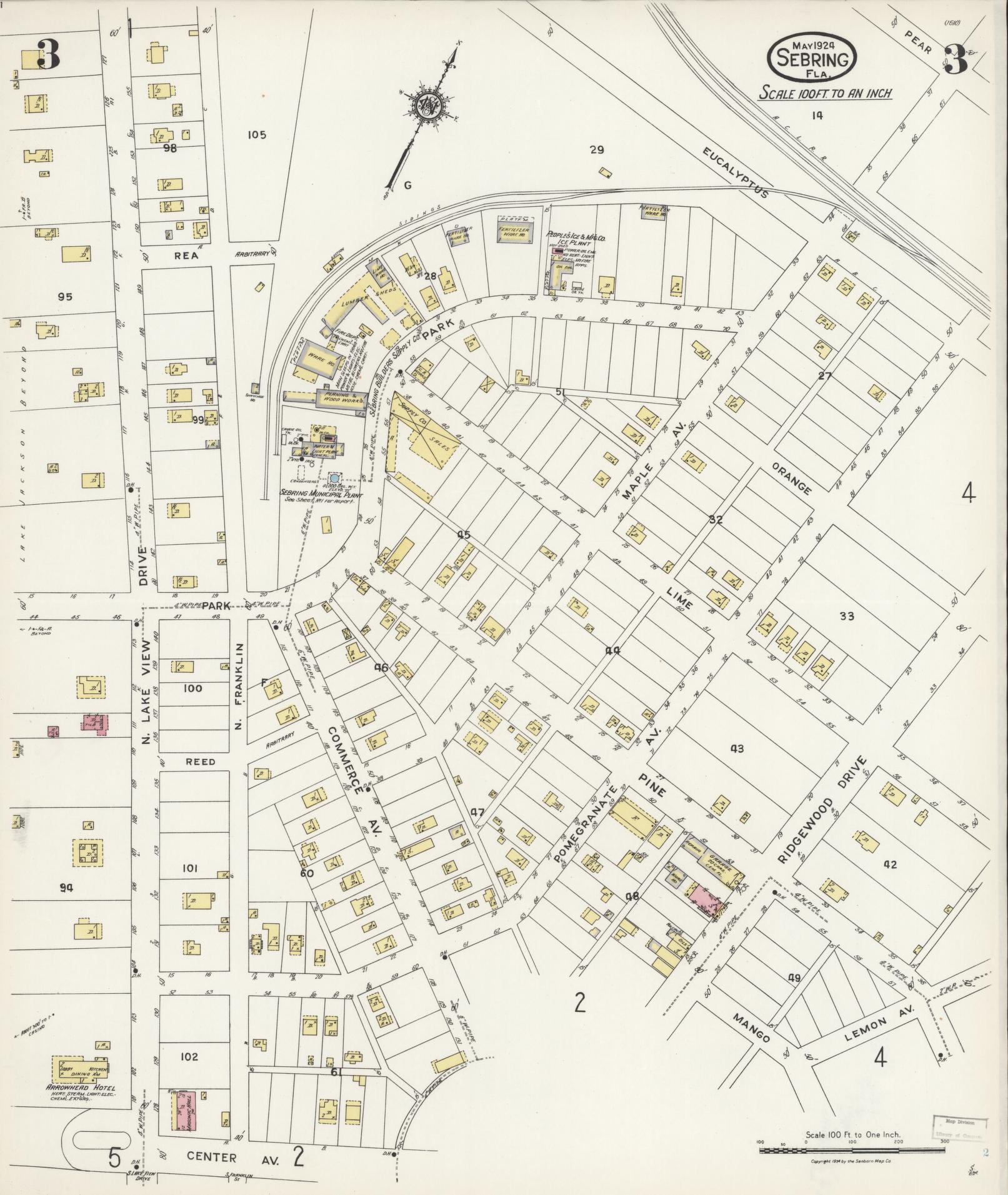 Sanborn Fire Insurance Map from Sebring, Highlands County, Florida (1924), Sheet #0003 - Complete Map Set gallery image, historic Sanborn map, vintage wall art, Florida Florida