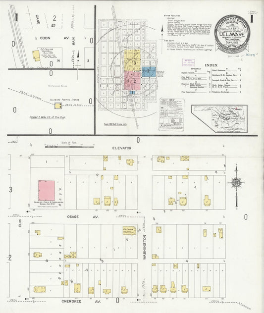 Sanborn Fire Insurance Map from Delaware, Nowata County, Oklahoma (1925), Sheet #0001 - Complete Map Set gallery image, historic Sanborn map, vintage wall art, Delaware Delaware