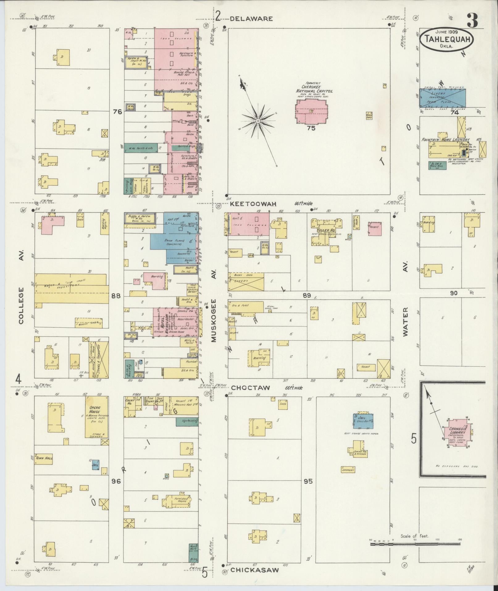 Sanborn Fire Insurance Map from Tahlequah, Cherokee County, Oklahoma (1909), Sheet #0003 - Complete Map Set gallery image, historic Sanborn map, vintage wall art, Oklahoma Oklahoma