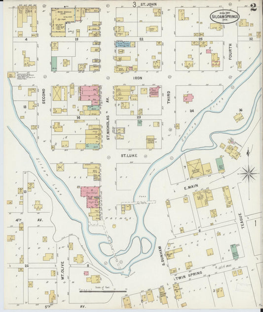 Sanborn Fire Insurance Map from Siloam Springs, Benton County, Arkansas (1897), Sheet #0002 - Historic Sanborn Fire Insurance Map Print, vintage old map wall art, antique decor, genealogy gift, Arkansas Arkansas map