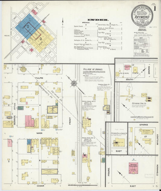Sanborn Fire Insurance Map from Raymond, Montgomery County, Illinois (1909), Sheet #0001 - Historic Sanborn Fire Insurance Map Print, vintage old map wall art, antique decor, genealogy gift, Illinois Illinois map